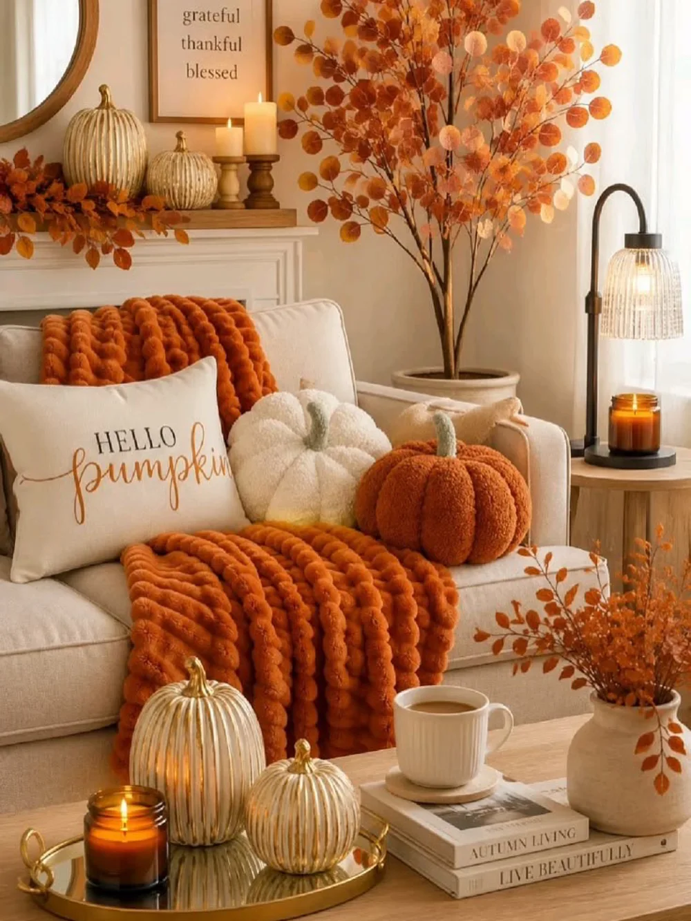 Cream sofa styled with a chunky rust-orange knit blanket, plush pumpkin pillows, gold decorative pumpkins, and autumn foliage