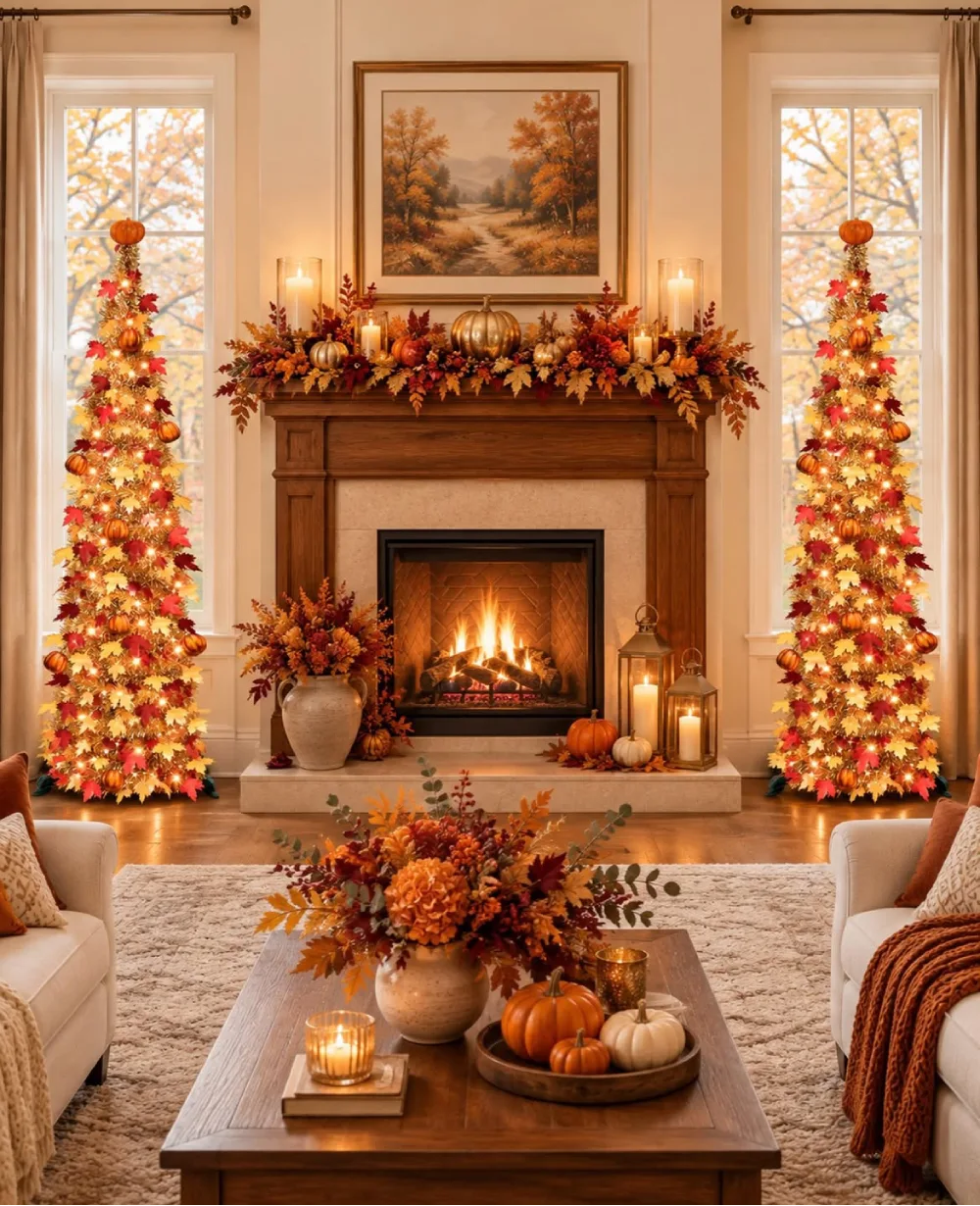 Elegant fall living room with a lit fireplace, autumn leaf garland, gold pumpkins, glowing lanterns, and decorative fall trees beside the windows