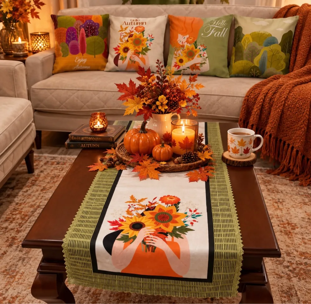 Dark wood coffee table decorated with an autumn floral centerpiece, orange pumpkins, glowing candles, and a colorful fall table runner in front of a neutral sofa