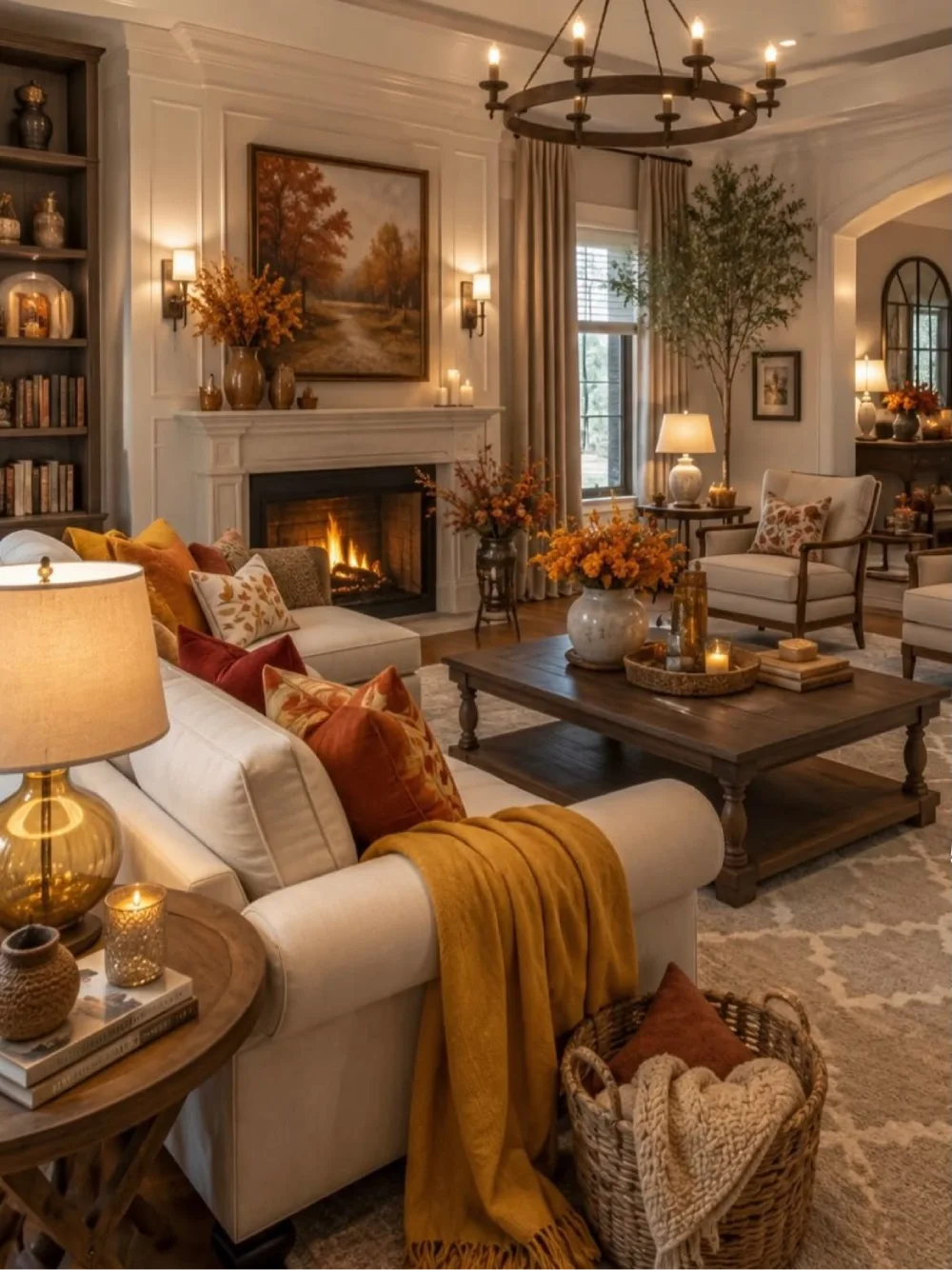 Elegant traditional living room with a white sofa, mustard-yellow throw, rust-colored pillows, a lit fireplace, and autumn floral arrangements