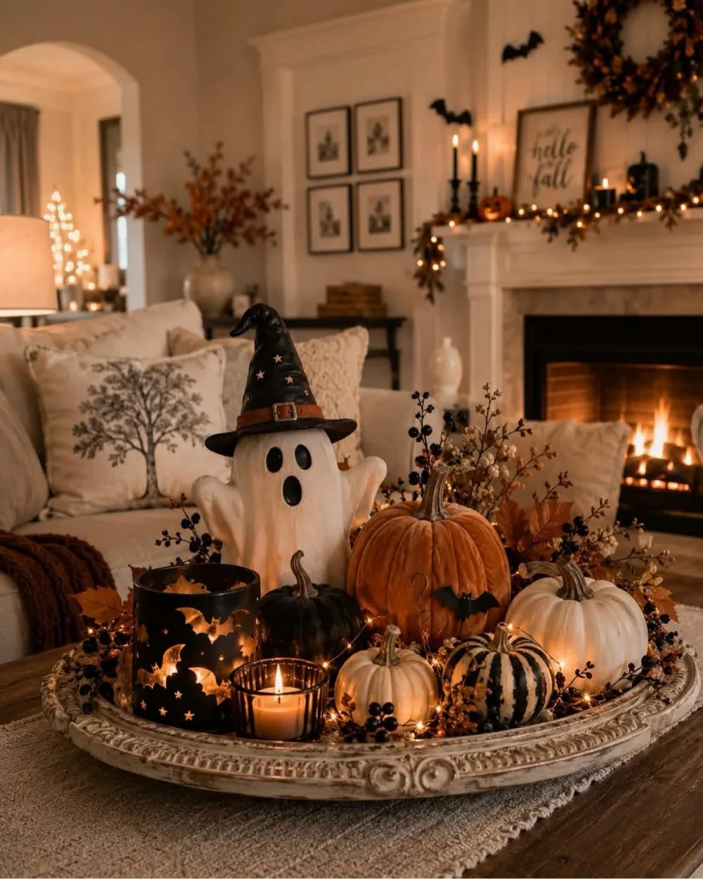 Halloween coffee table centerpiece featuring a witch-hat ghost, orange and white pumpkins, black bat decorations, autumn foliage, and glowing candles