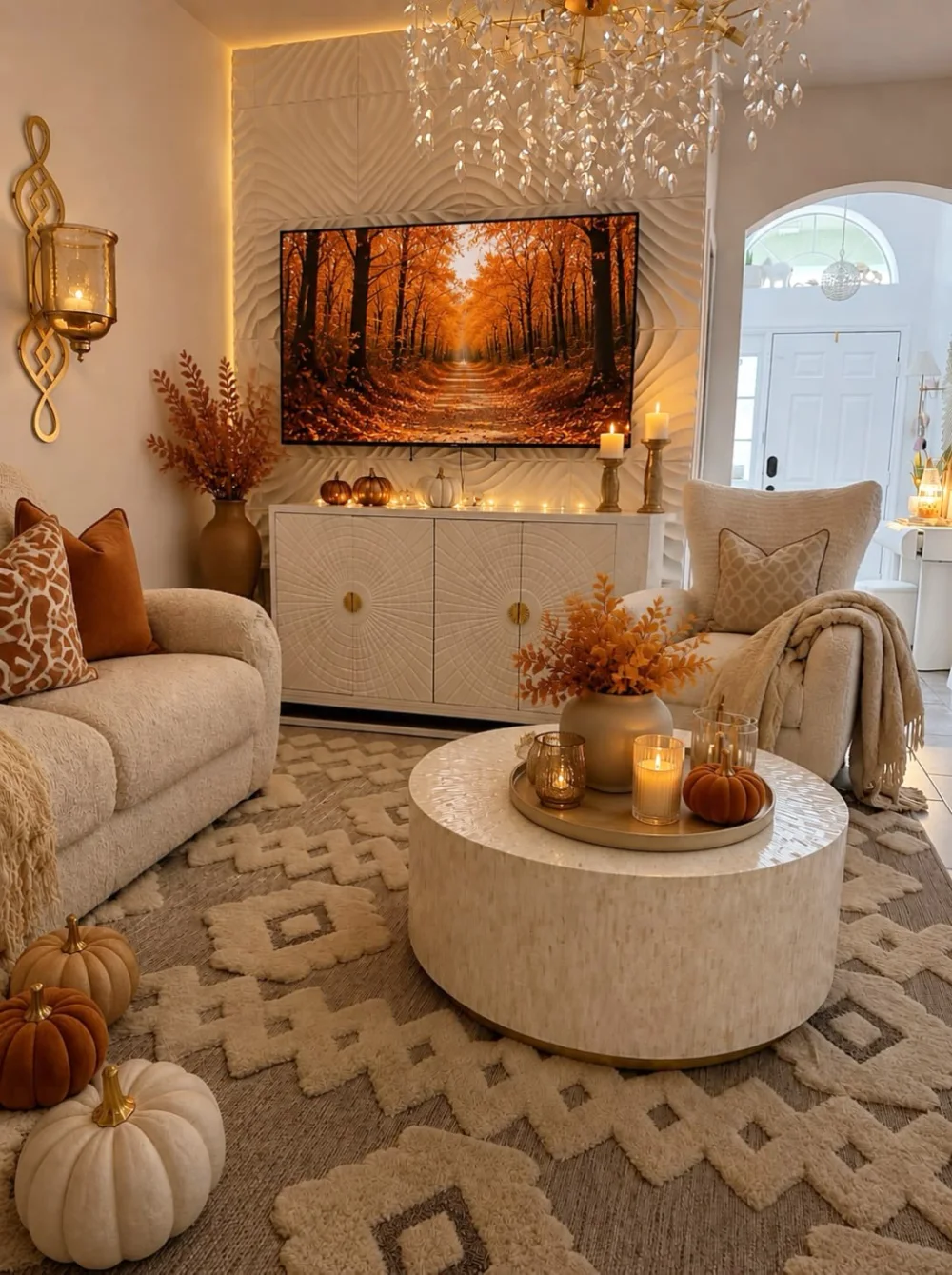 Elegant cream living room with textured neutral furniture, rust-colored pumpkins, autumn branches, glowing candles, and a television displaying a fall forest
