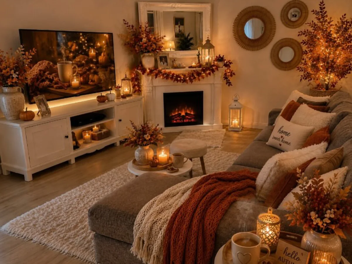 Cozy fall living room with a decorated fireplace, autumn garlands, burnt orange throws, plush pillows, warm candlelight, and seasonal floral arrangements.