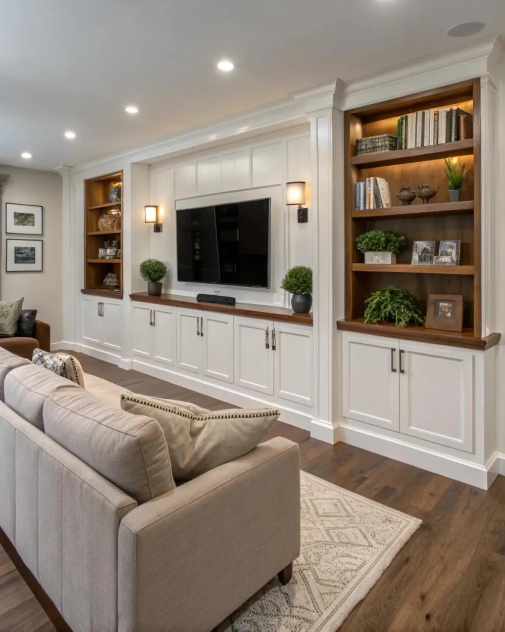 White built-in living room cabinetry surrounding a wall-mounted television, with rich wood-backed display shelves, warm lighting, decorative plants, books, and closed storage cabinets.