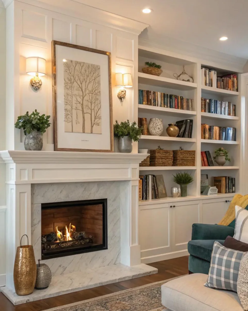 Cream built-in bookcases filled with books, woven baskets, ceramic vases, and plants beside a white marble fireplace with a framed botanical print.