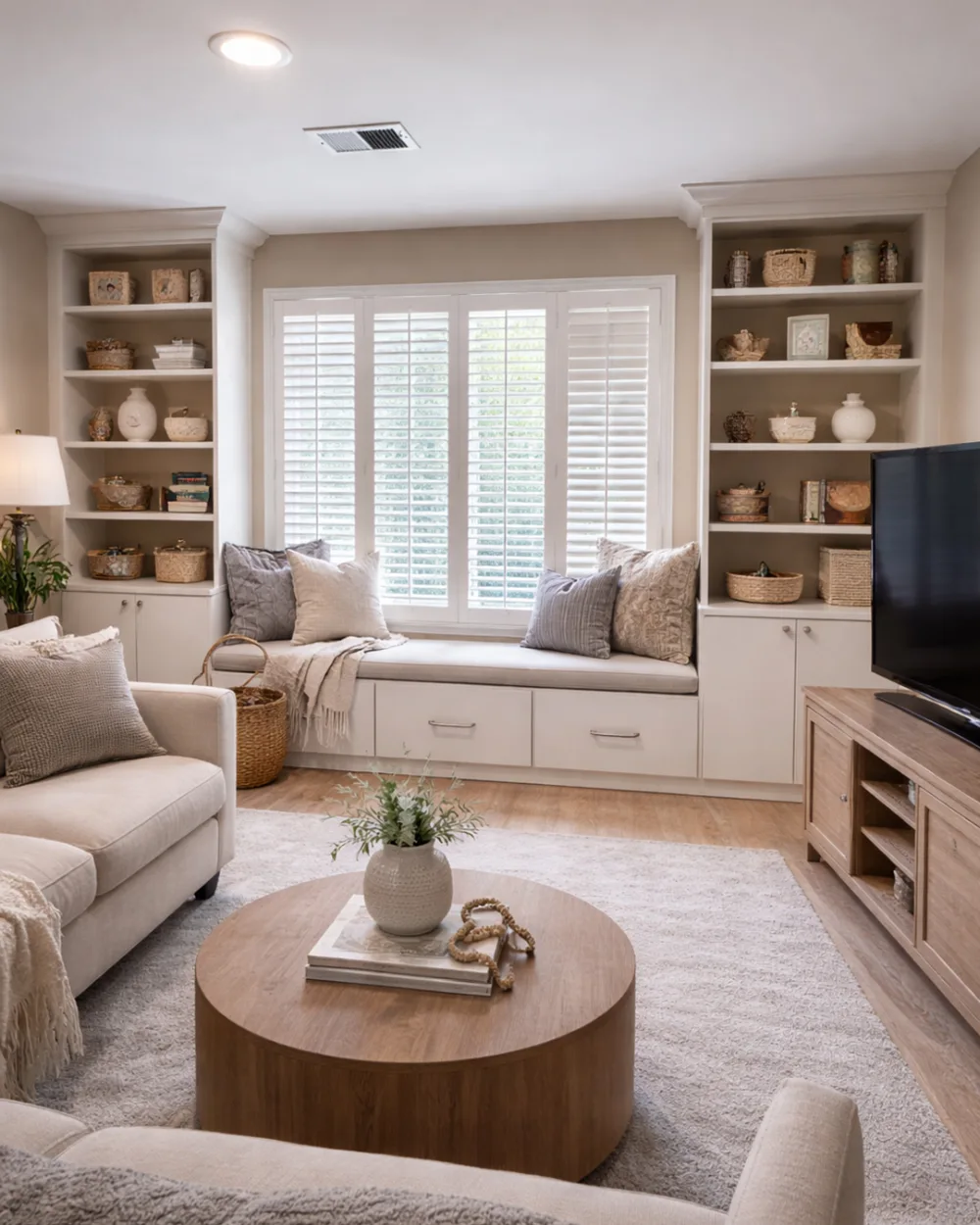 Cozy neutral living room with a cushioned window seat featuring storage drawers, flanked by built-in shelves filled with woven baskets, books, and ceramic decorations.