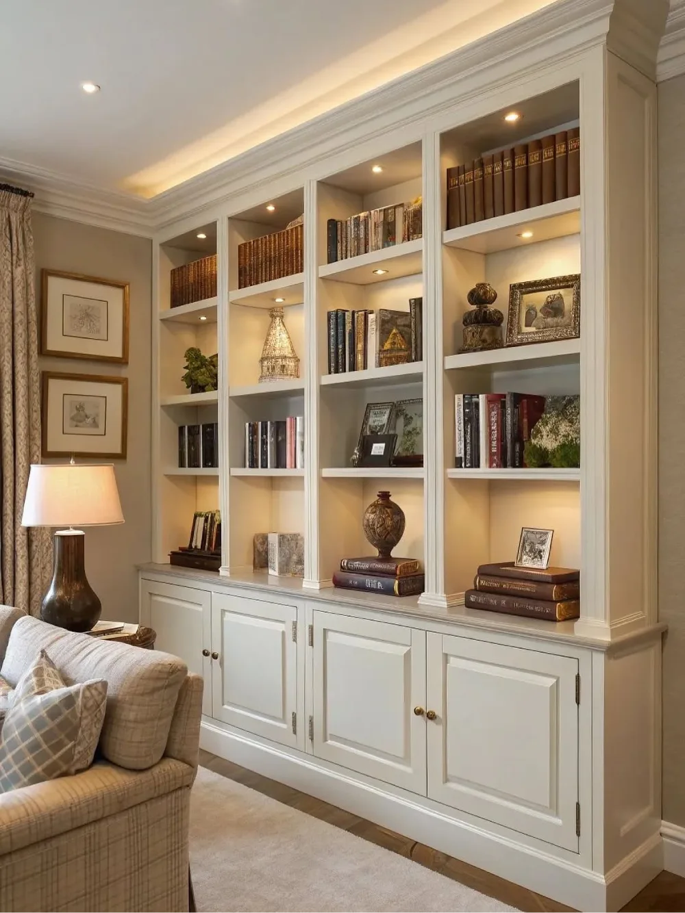 Tall cream built-in living room bookshelves with warm recessed lighting, neatly arranged books, decorative vases, framed photos, and closed lower cabinets.