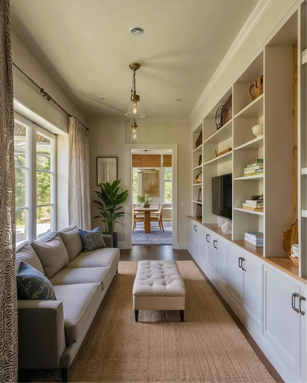 Narrow living room with a long wall of white built-in shelves and closed cabinets, a wall-mounted television, books, woven baskets, and a neutral sofa.