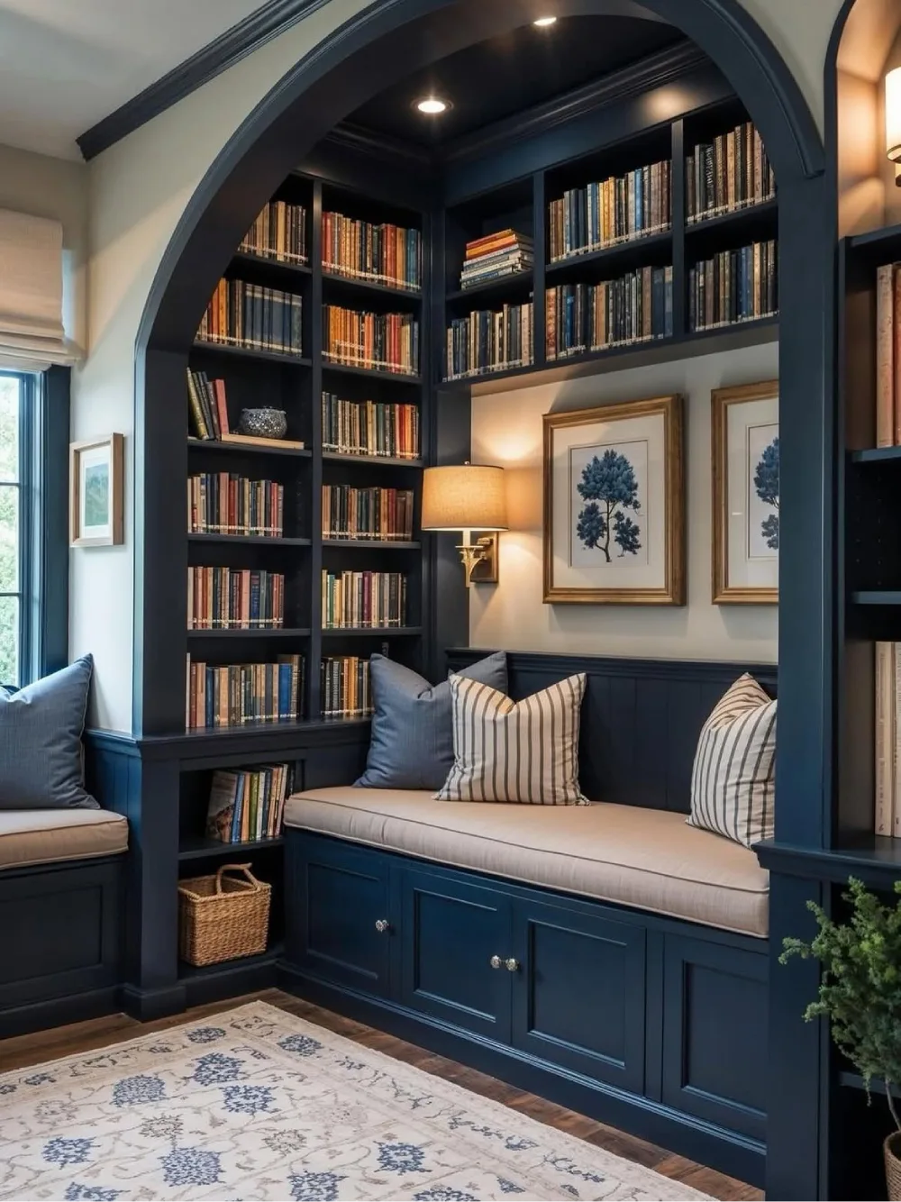 Navy blue built-in bookshelves surrounding a cozy window reading bench with storage cabinets, striped cushions, framed artwork, and warm wall lighting.