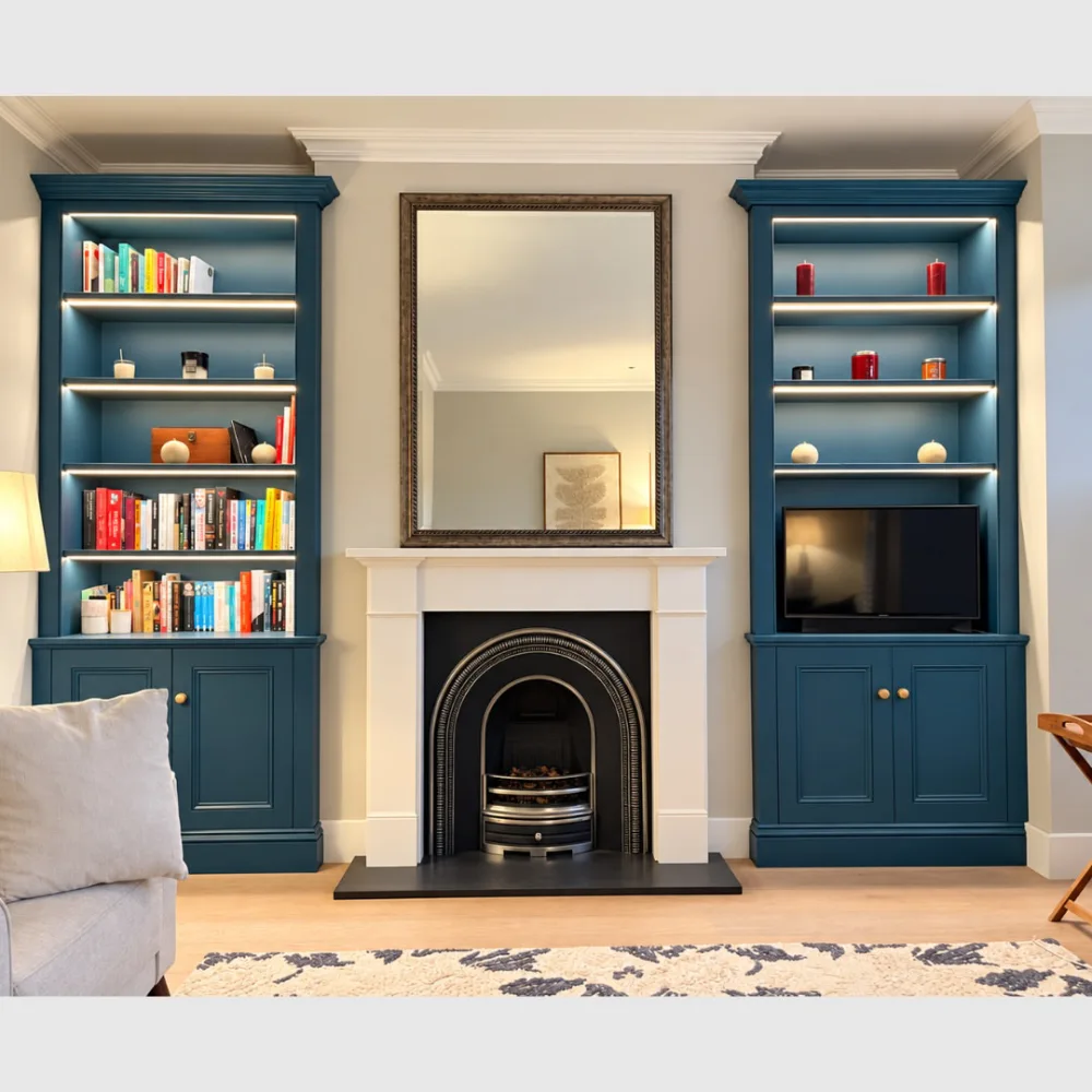Symmetrical teal-blue built-in bookshelves with LED lighting and closed cabinets framing a traditional white fireplace, with books and decorative accessories.