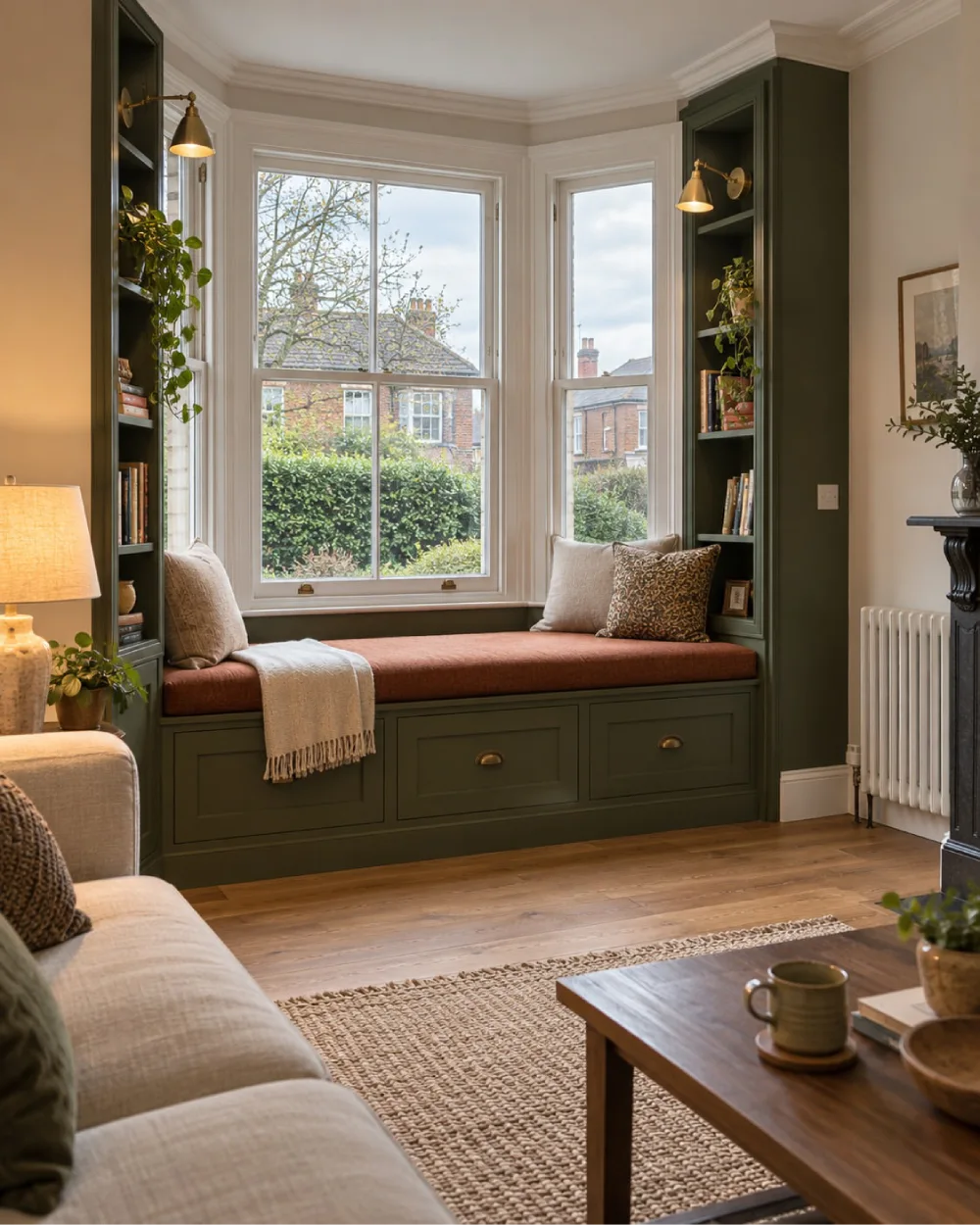 Olive green built-in living room shelves flanking a cushioned window seat with drawers, decorative pillows, trailing plants, and brass wall sconces.