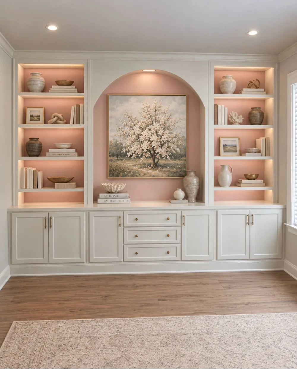 White built-in living room shelves with blush pink back panels and warm accent lighting, featuring books, ceramic vases, framed artwork, and matching lower cabinets.