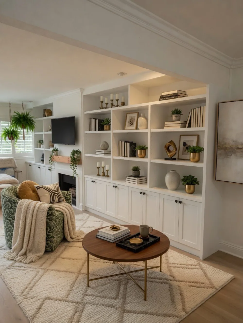 Floor-to-ceiling white built-in living room shelving with closed lower cabinets, neatly arranged books, potted plants, decorative vases, and framed artwork.