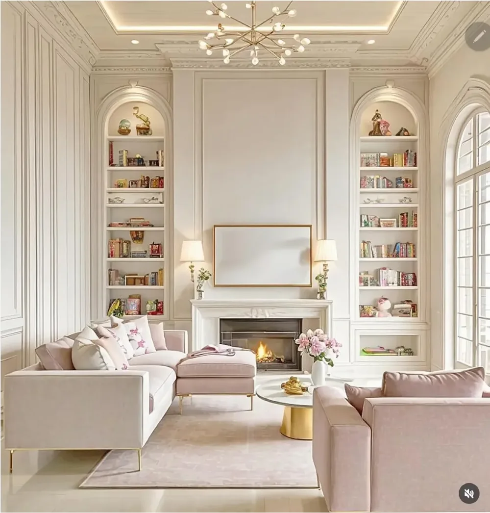 Elegant traditional living room with tall white built-in bookcases flanking a fireplace, filled with books and decorative objects, alongside pale pink sofas and ornate wall molding.