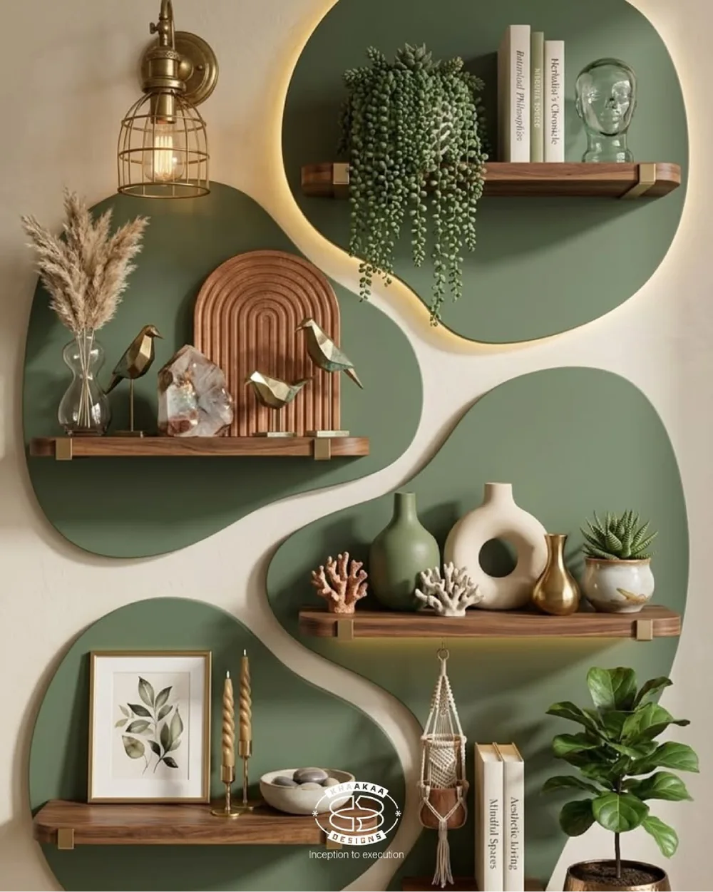 Walnut floating shelves against sage green organic-shaped wall accents, styled with trailing plants, ceramic vases, brass bird sculptures, and framed botanical art