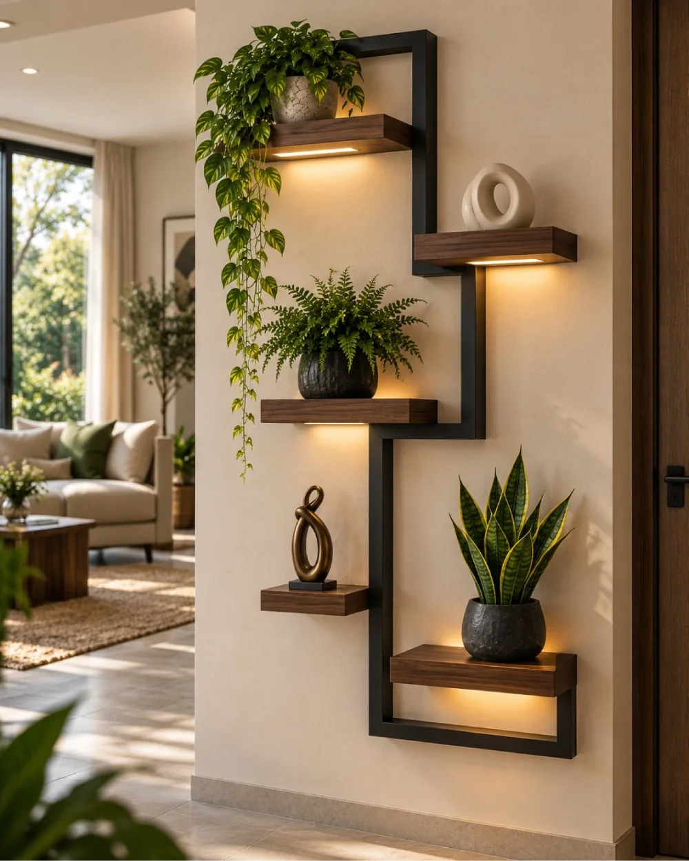 Geometric floating shelves with dark wood platforms and a black metal frame, illuminated by warm LED lights and decorated with potted greenery and modern sculptures