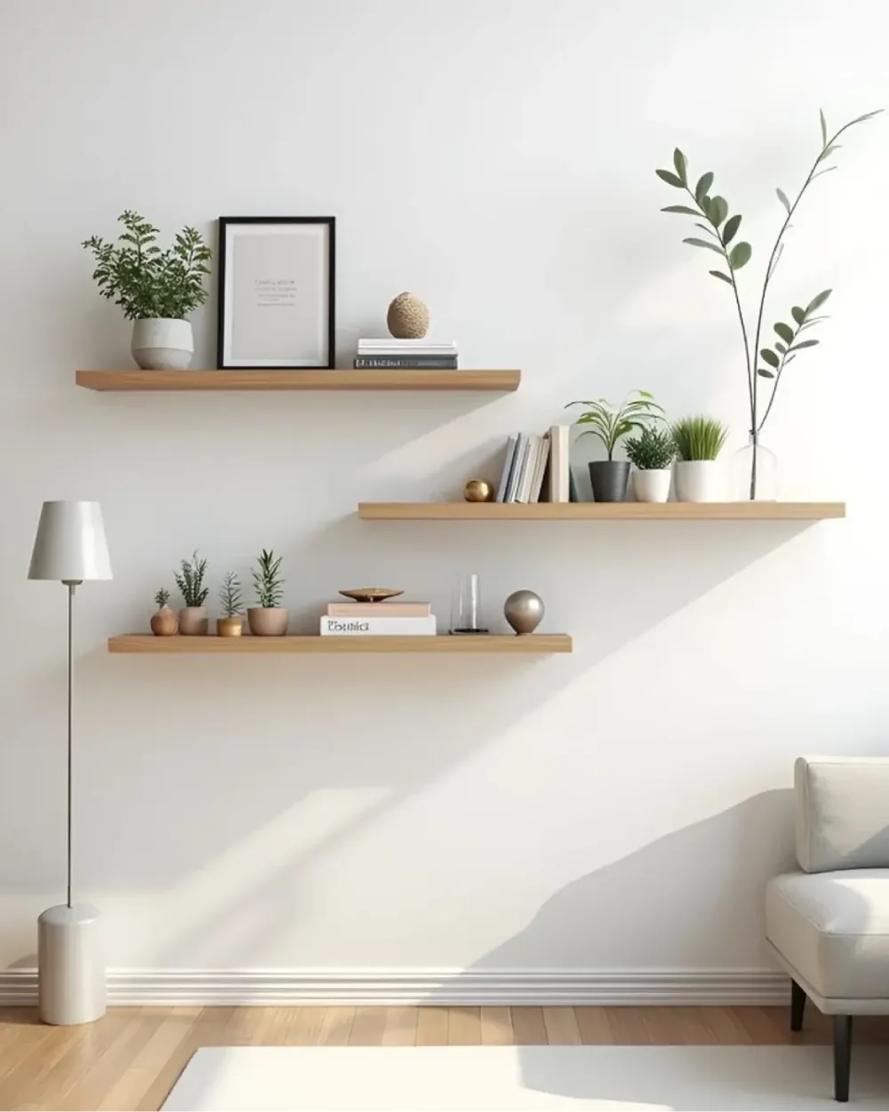 Three staggered light wood floating shelves on a white living room wall, decorated with small potted plants, framed artwork, books, and minimalist ornaments beside a floor lamp and cream sofa