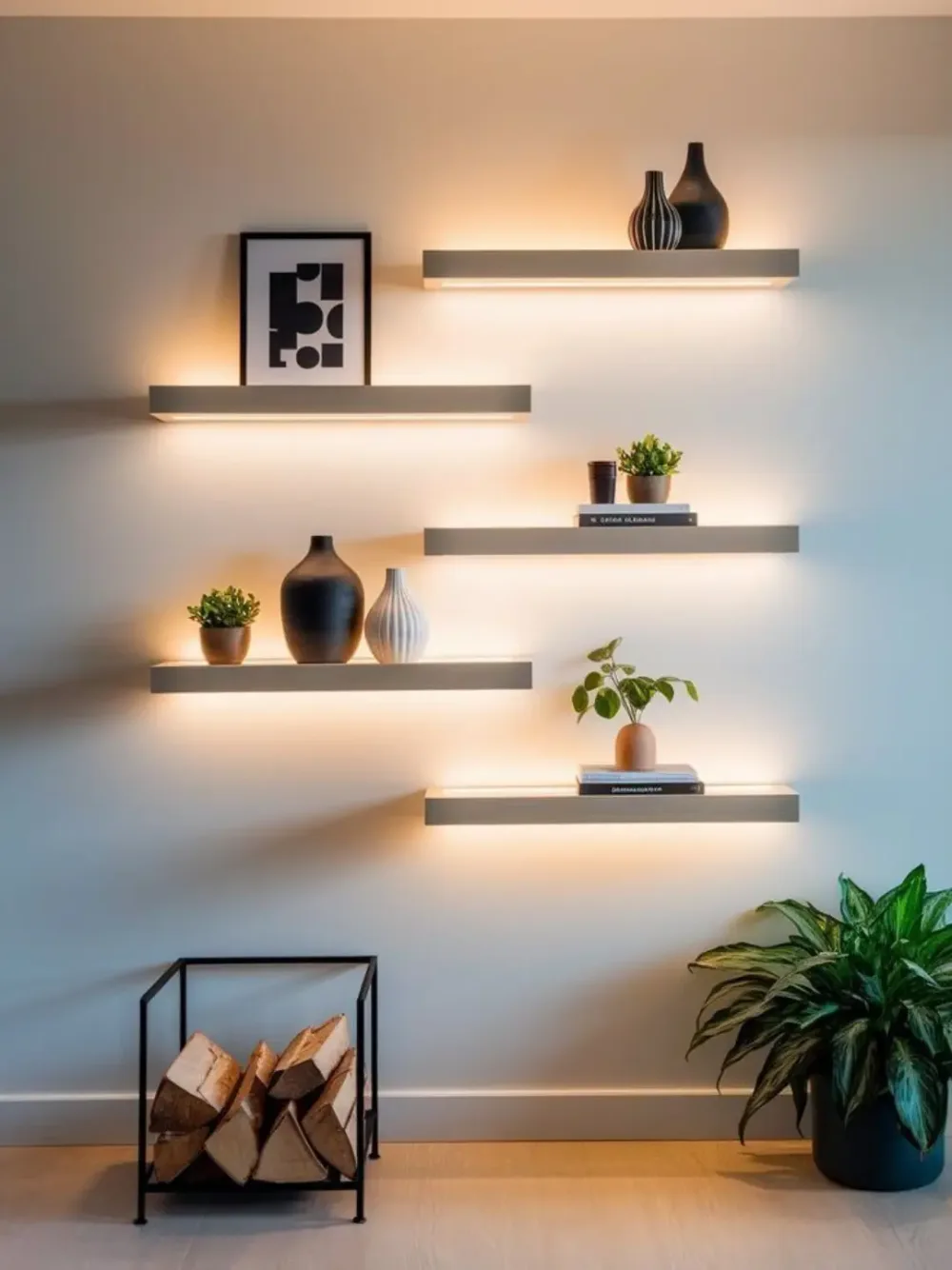 Minimalist floating shelves with warm LED lighting on a light gray living room wall, styled with black and white ceramic vases, framed abstract art, small plants, and stacked books