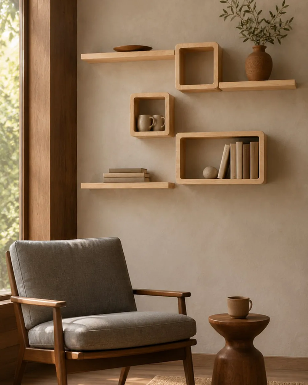 Geometric floating shelves made from natural wood, combining open square and rectangular compartments with slim shelves on a beige living room wall above a wooden accent chair