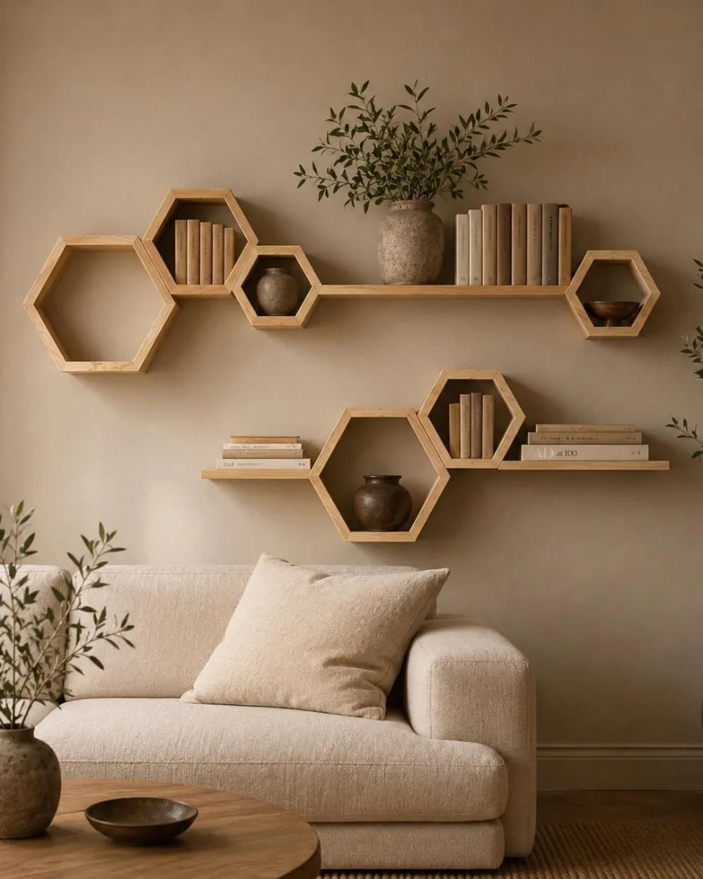 Natural wood hexagon floating shelves arranged in an asymmetrical pattern above a beige sofa, displaying neutral books, ceramic vases, and leafy branches