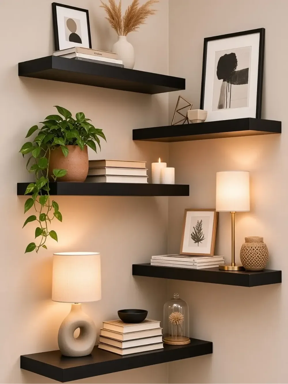 Thick black floating shelves arranged at different heights on beige living room walls, styled with trailing plants, neutral books, framed prints, ceramic vases, and warm table lamps