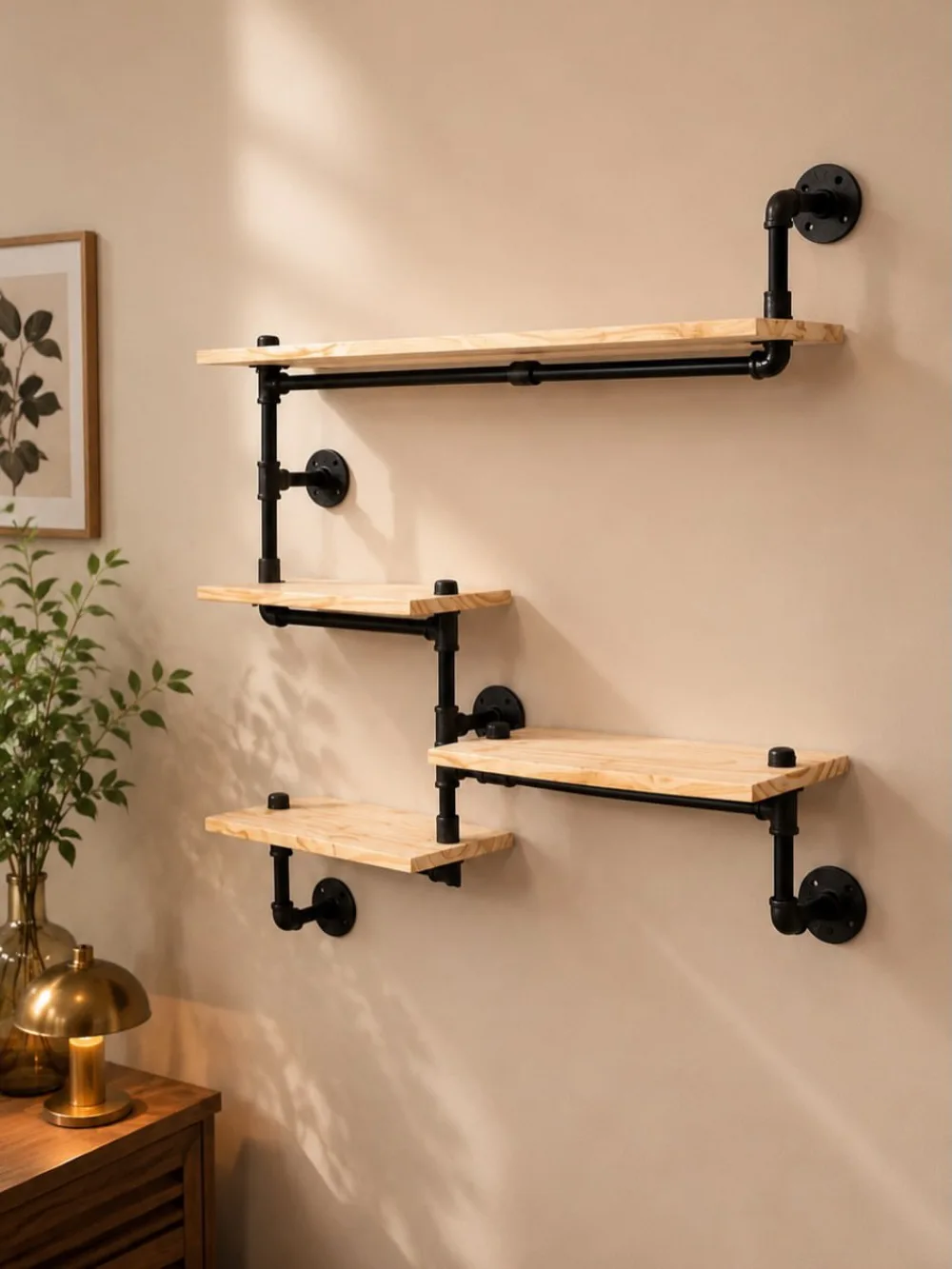 Industrial-style floating shelves made from light wood planks and black metal pipes, arranged asymmetrically on a beige wall beside framed botanical art and a wooden side table