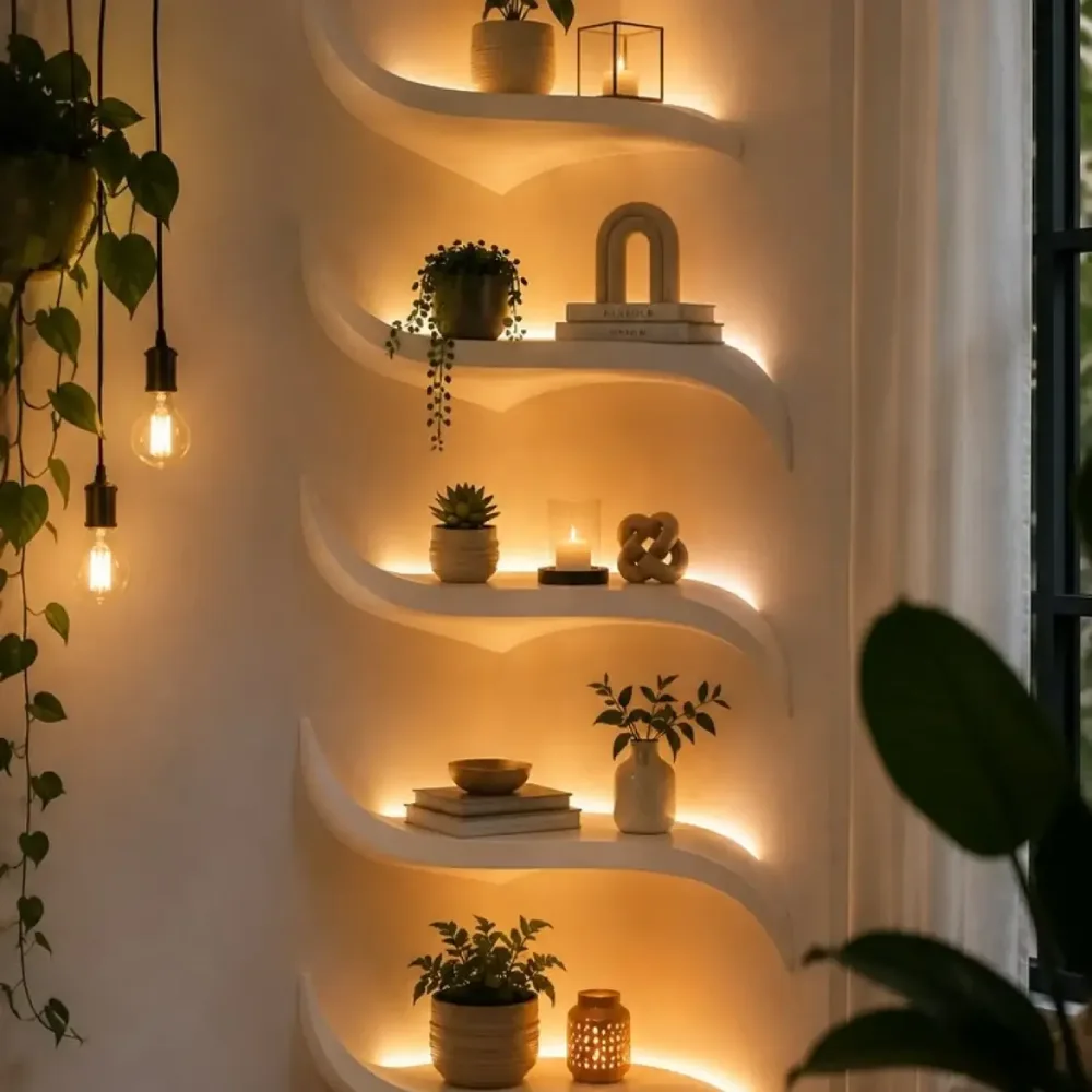 White curved floating shelves with warm LED backlighting, decorated with small potted plants, stacked books, candles, and minimalist ornaments