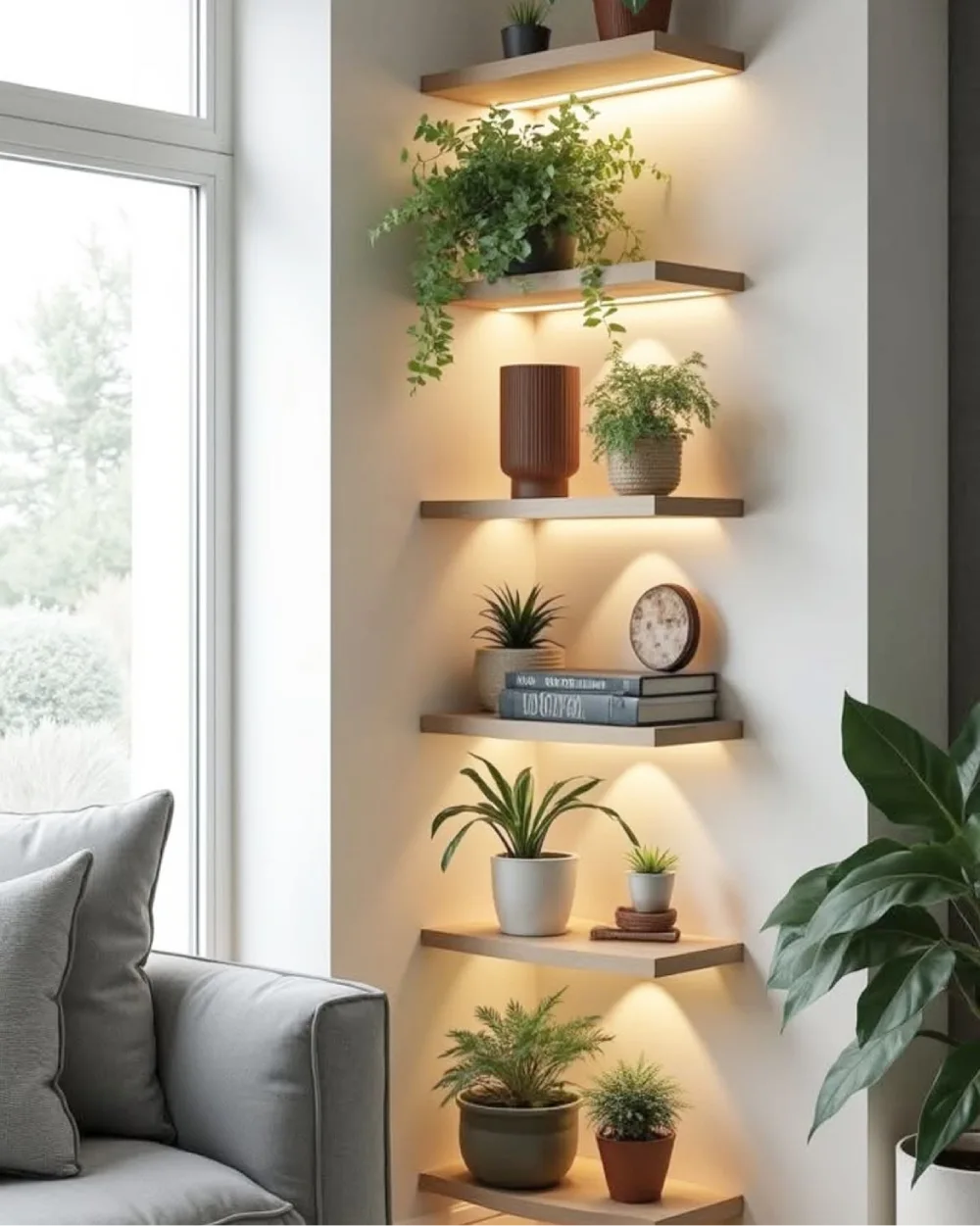 Tiered corner floating shelves with warm LED lighting, displaying potted plants, stacked books, ceramic vases, and decorative accents beside a gray living room sofa and large window