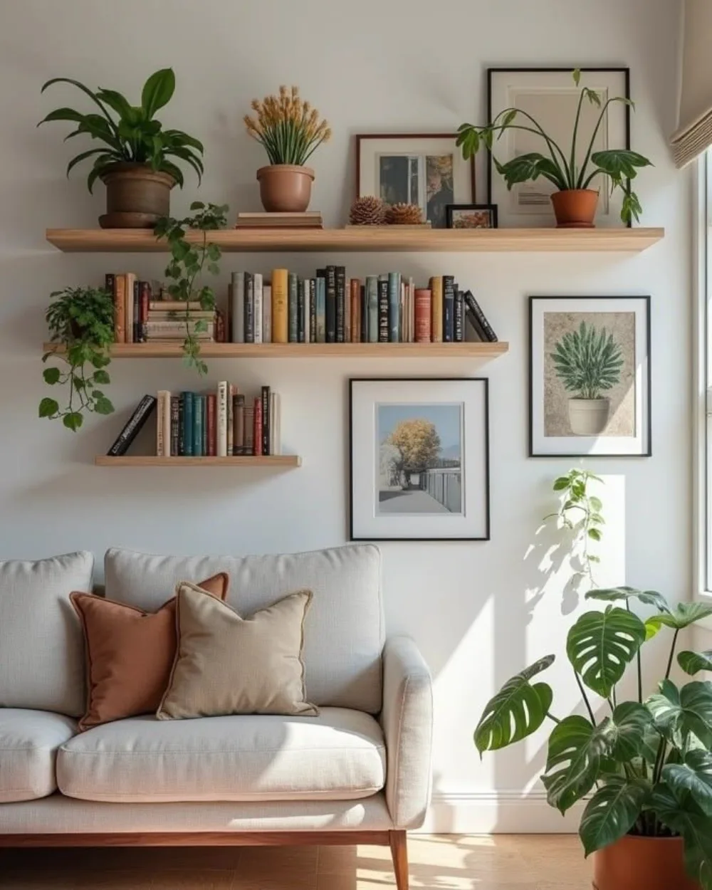 Natural wood floating shelves above a beige sofa, filled with books, potted plants, framed botanical prints, and trailing greenery in a bright living room