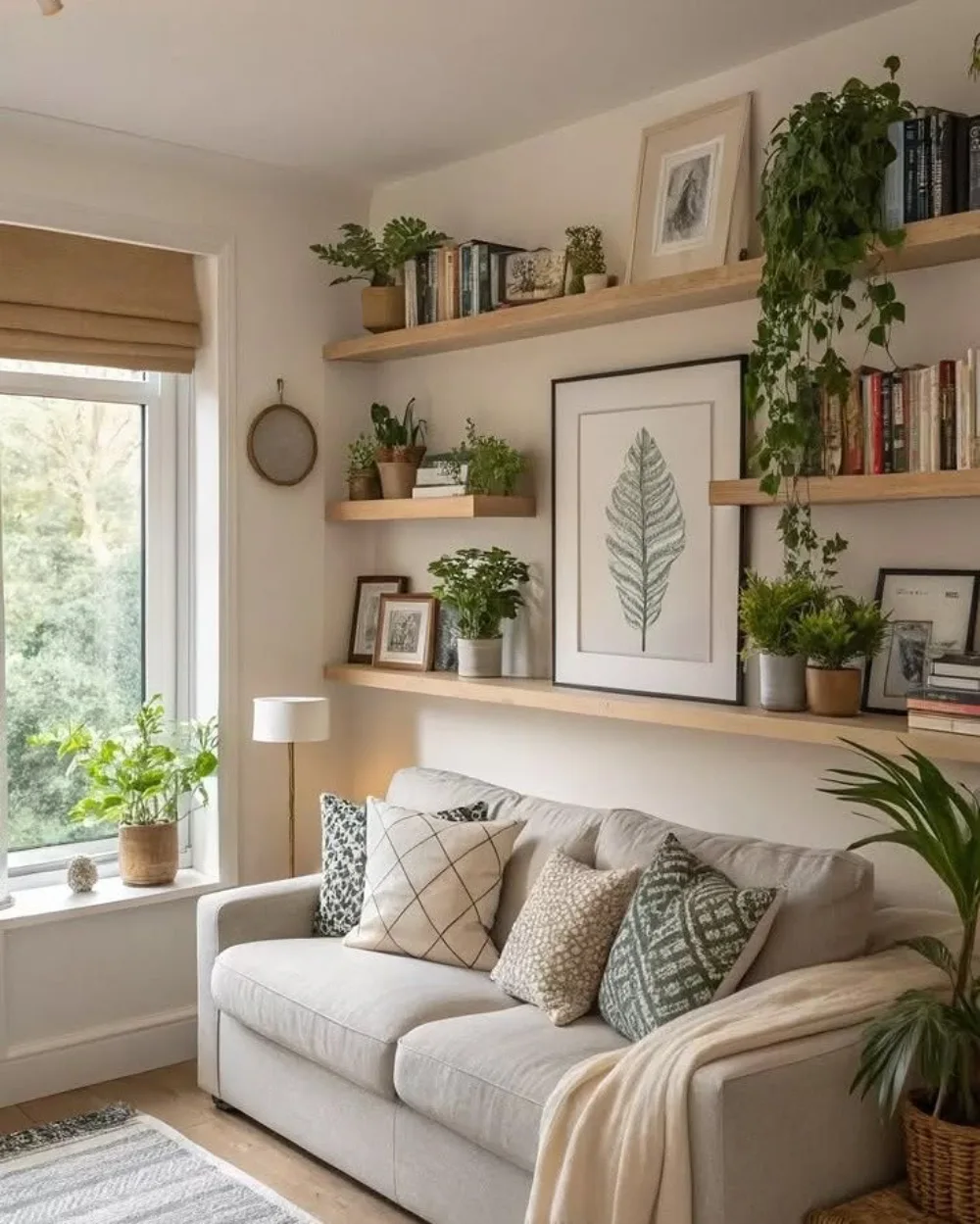 Long natural wood floating shelves arranged above a cream living room sofa, decorated with books, framed botanical artwork, small potted plants, and trailing greenery