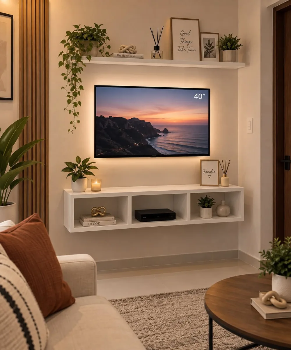 White floating shelf above a wall-mounted television with a matching open media console below, decorated with potted plants, framed prints, candles, and neutral accessories