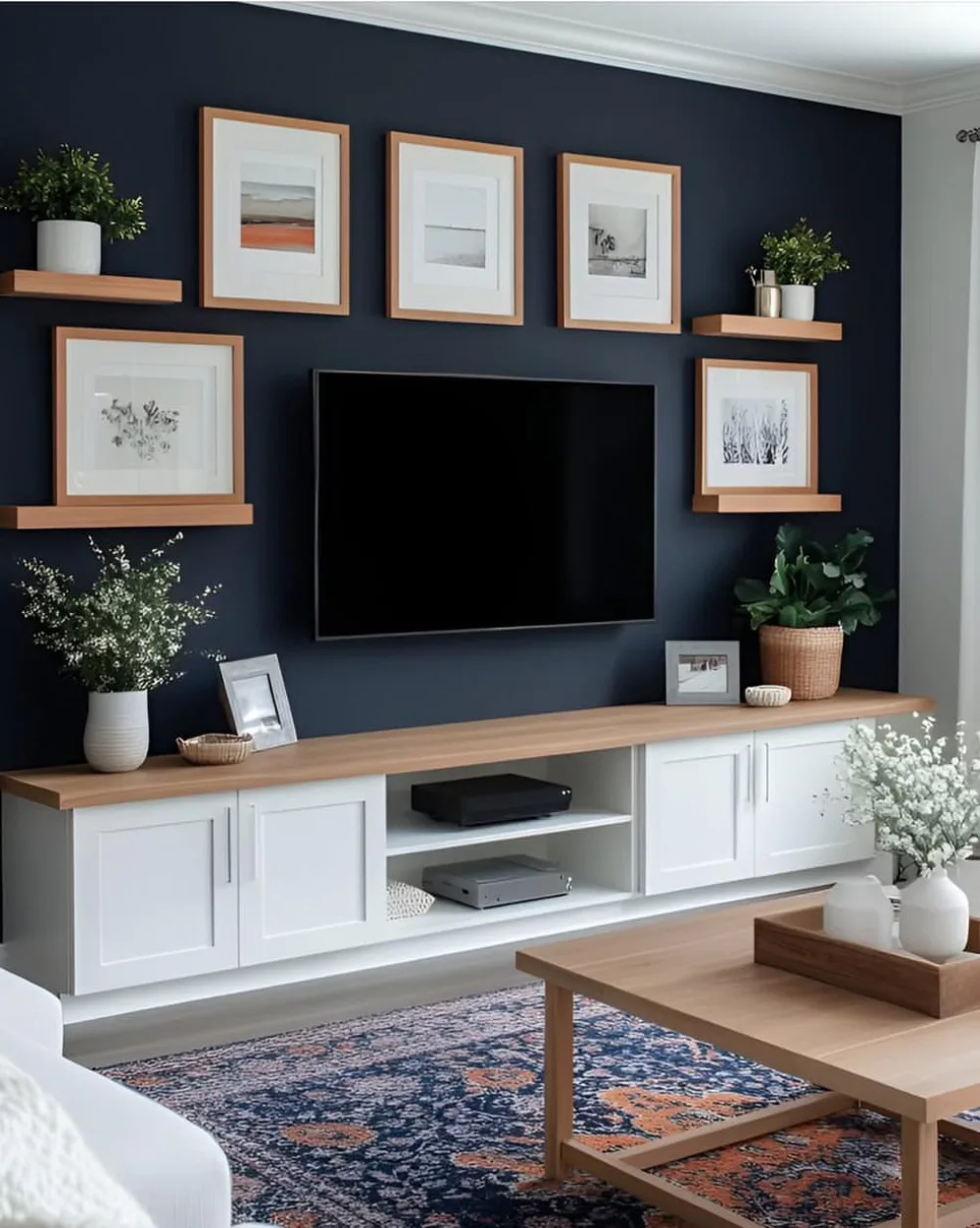 Wall-mounted television on a navy accent wall surrounded by natural wood floating shelves and framed artwork, with white media cabinets and potted plants below