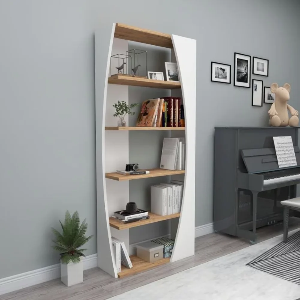 Tall freestanding shelving unit with a curved white frame and natural wood shelves displaying books, framed photos, small plants, and decorative objects beside a living room piano