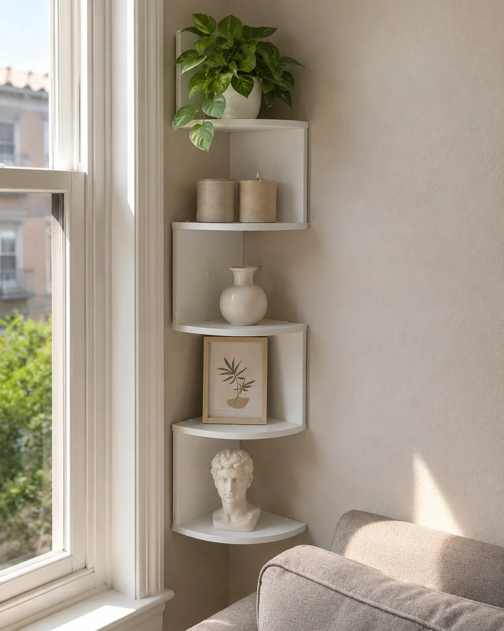 White corner floating shelves beside a living room window, decorated with a leafy potted plant, neutral candles, a ceramic vase, botanical artwork, and a classical bust