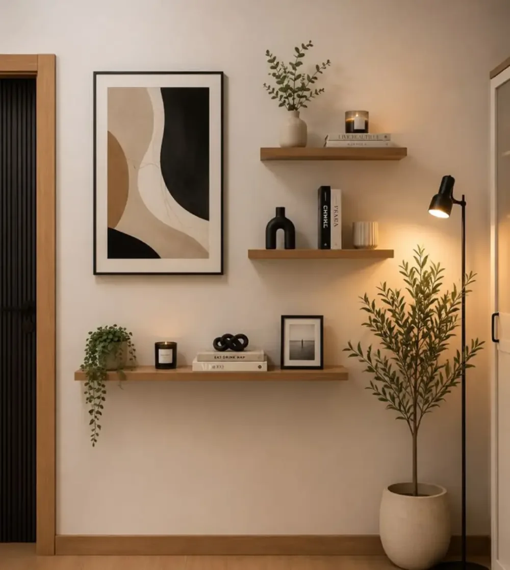 Three staggered wooden floating shelves on a beige living room wall, decorated with minimalist vases, books, framed abstract art, candles, and trailing greenery beside a floor lamp