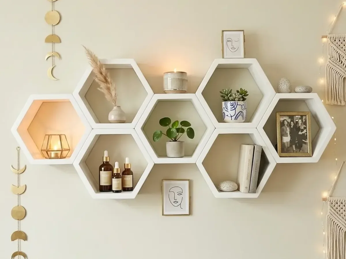 White hexagon floating shelves arranged in a honeycomb pattern on a beige living room wall, decorated with potted plants, candles, framed art, books, and warm fairy lights.