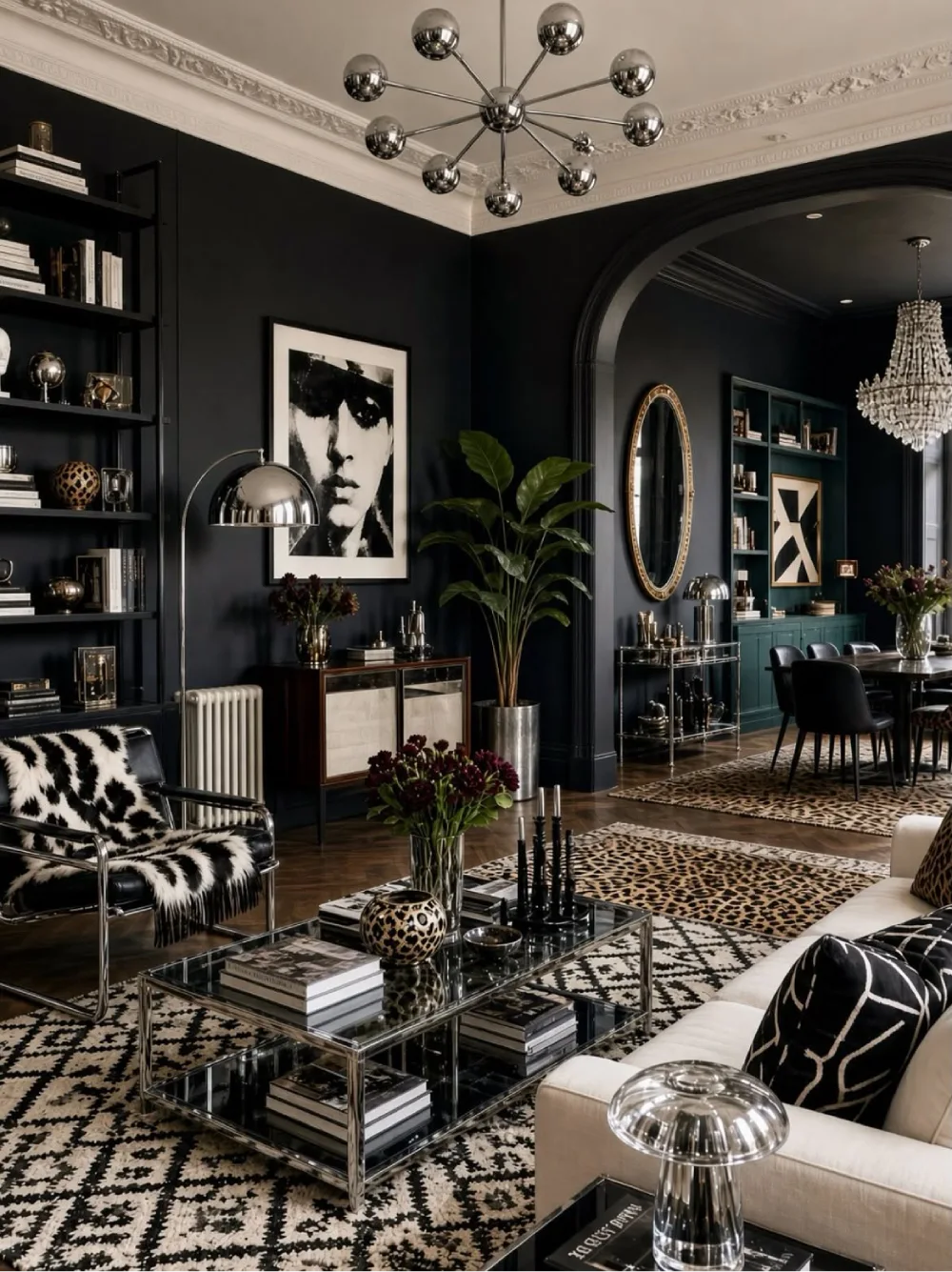 Dramatic living room with black walls, a white sofa, leopard print rugs, chrome furniture, and statement lighting