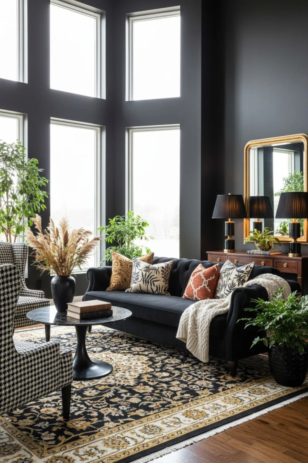 Elegant moody living room with charcoal walls, a black tufted sofa, tall windows, patterned rug, and gold-framed mirror