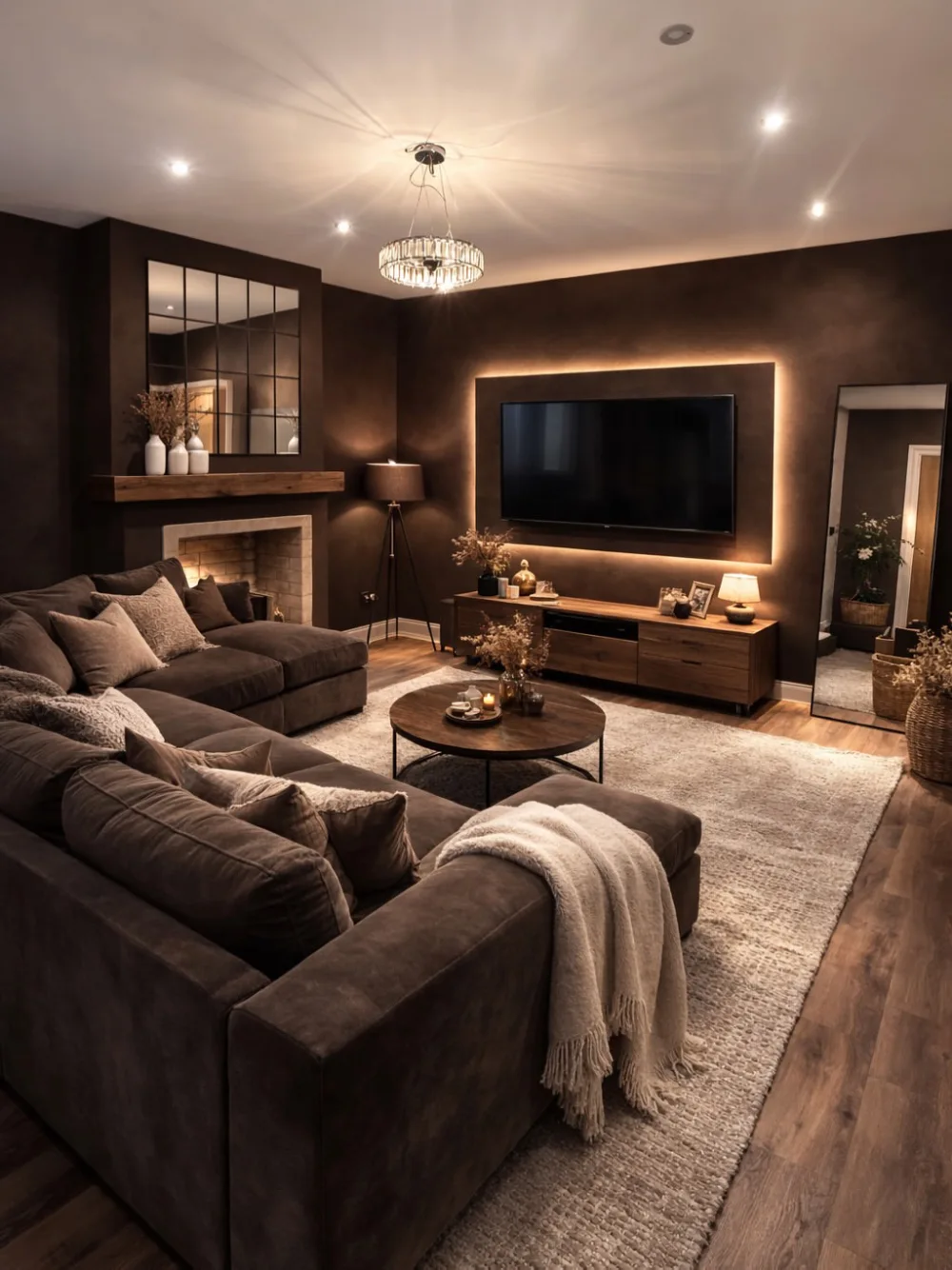 Warm moody living room with chocolate brown walls, dark sectional sofas, wood furniture, and soft backlit television lighting
