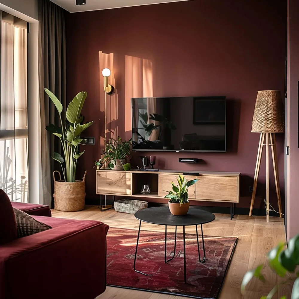 Moody living room with burgundy walls, a wooden media console, a red area rug, and lush indoor plants