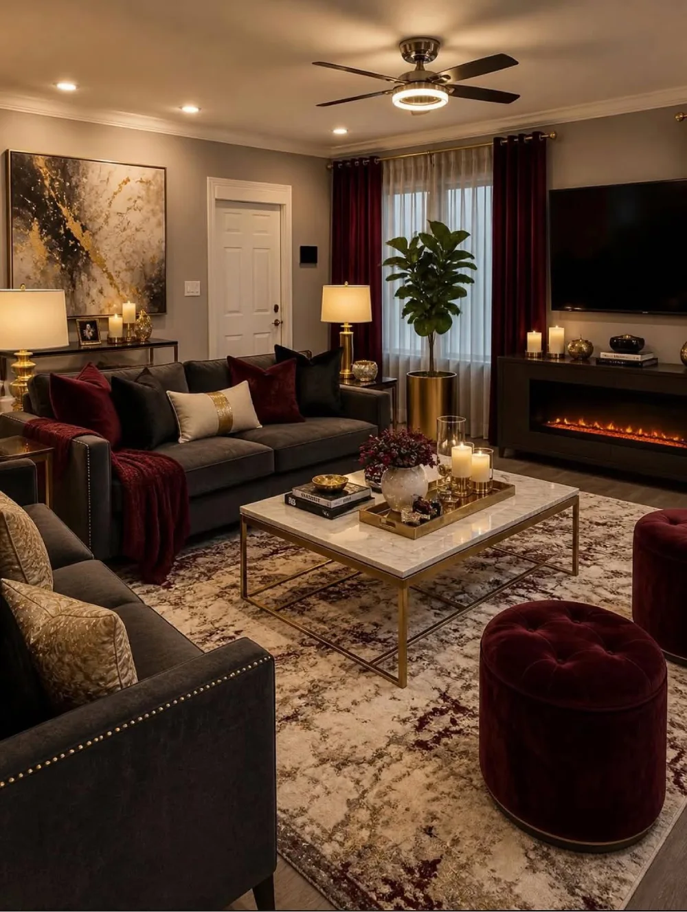 Moody living room with a charcoal sofa, burgundy velvet ottomans, wine-red curtains, and warm gold lighting