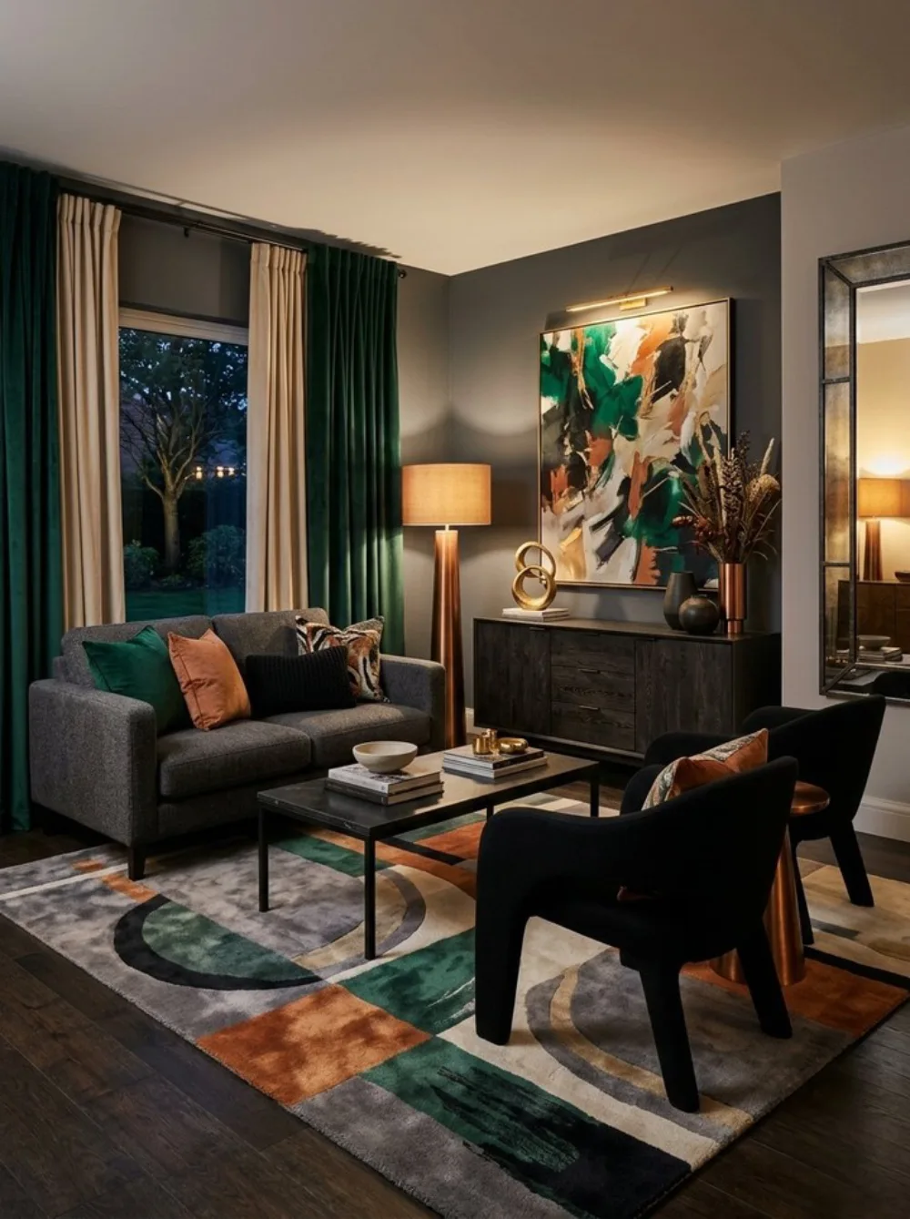 Moody living room with charcoal walls, emerald green curtains, a gray sofa, colorful abstract artwork, and warm wood accents