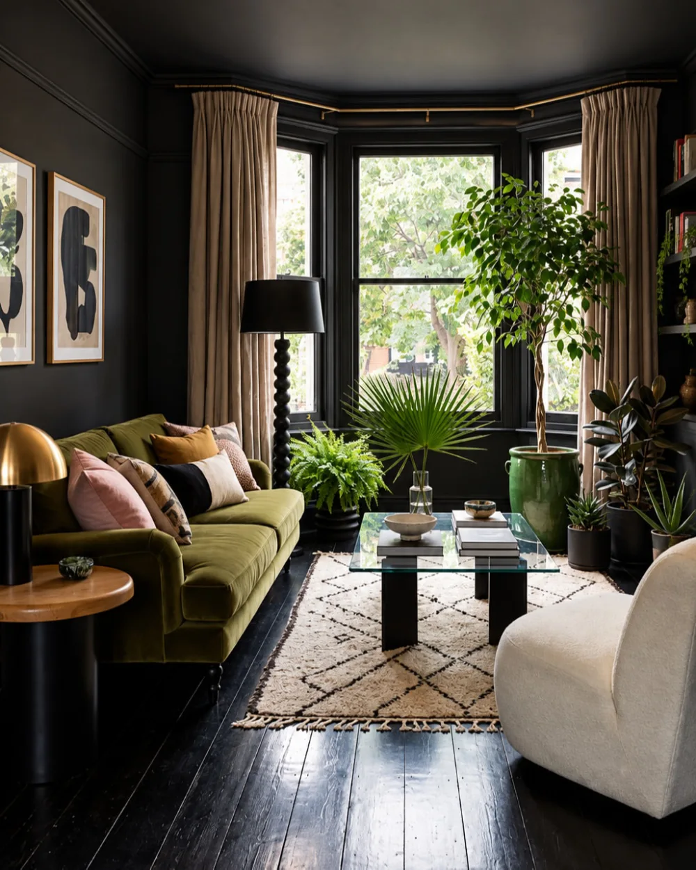 Moody living room with black walls, an olive green velvet sofa, lush indoor plants, and a cream geometric rug