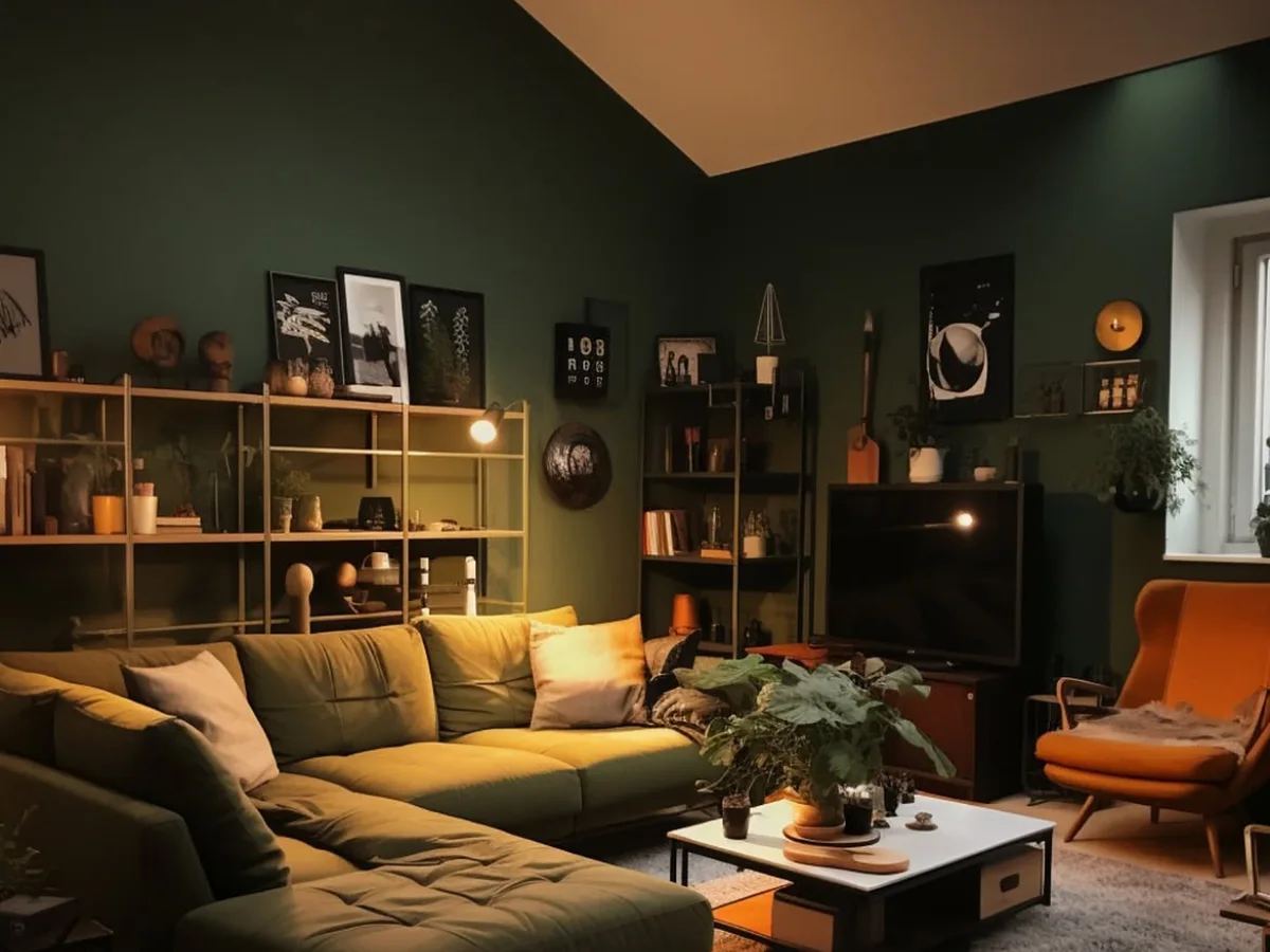 Moody living room with dark green walls, an olive green sectional sofa, warm ambient lighting, black shelving, and an orange accent chair.