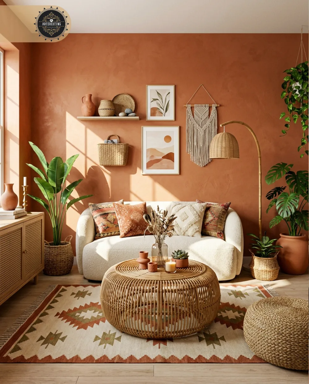 Boho living room with terracotta walls, a cream sofa, woven rattan coffee table, macrame wall hanging, and leafy green plants.