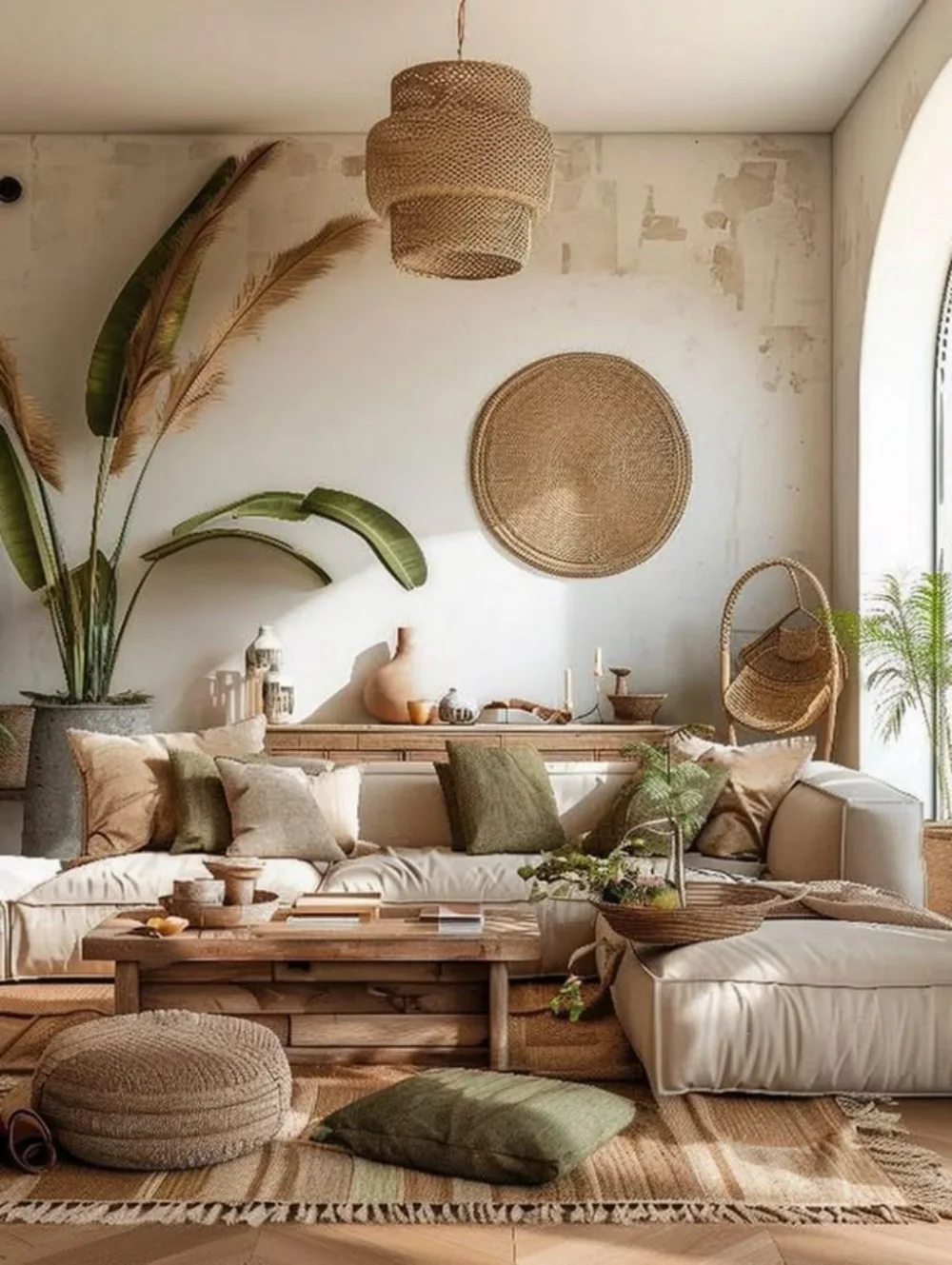 Boho living room with a cream sectional, olive green cushions, woven wall decor, a rustic wood coffee table, and layered jute rugs.