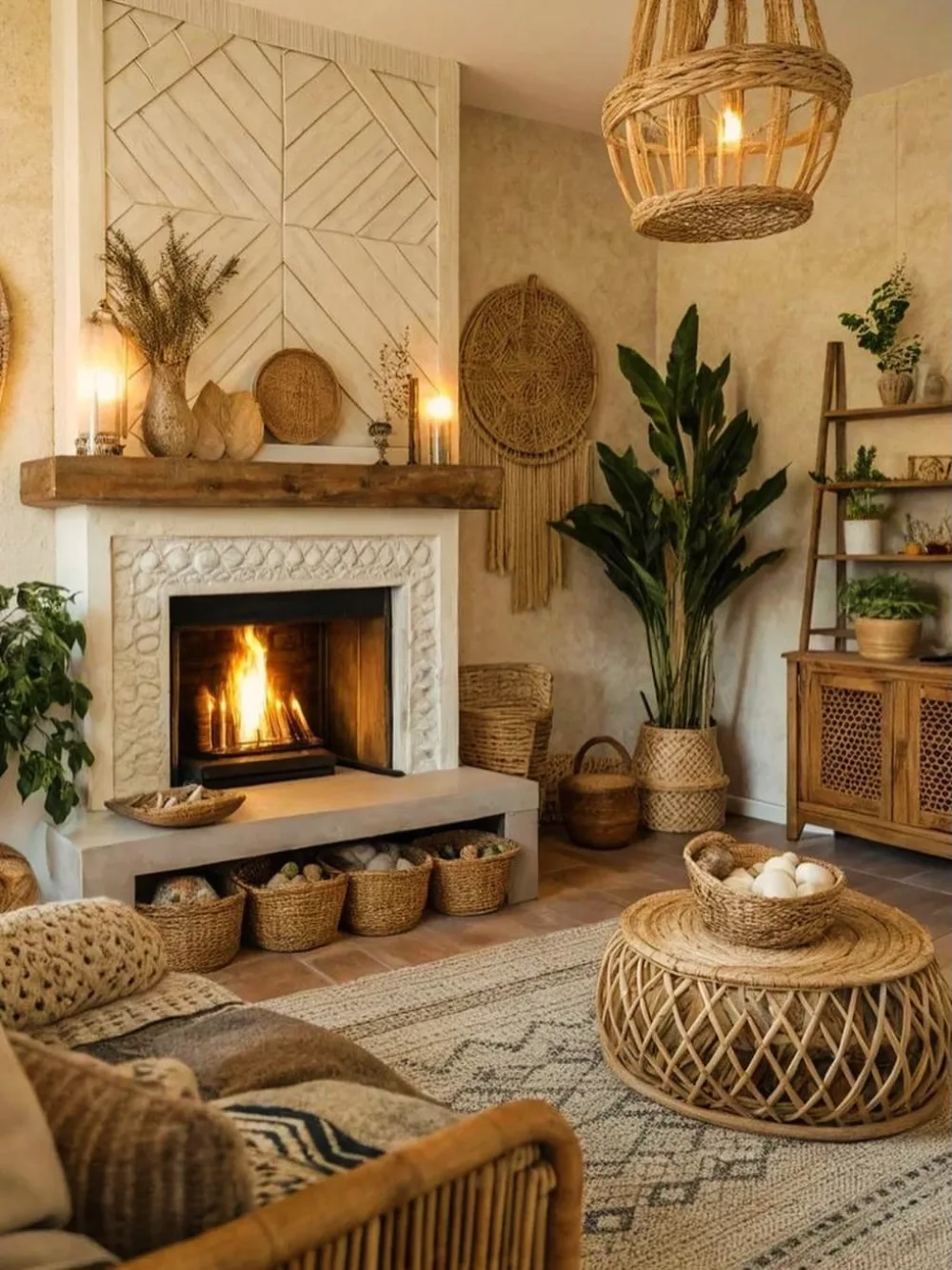 Rustic boho living room with a white stone fireplace, wooden mantel, woven pendant light, rattan coffee table, and natural fiber decor.