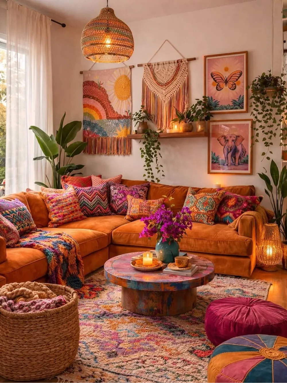 Colorful boho living room with a burnt orange sectional, vibrant patterned pillows, macrame wall hangings, and an eclectic layered rug.
