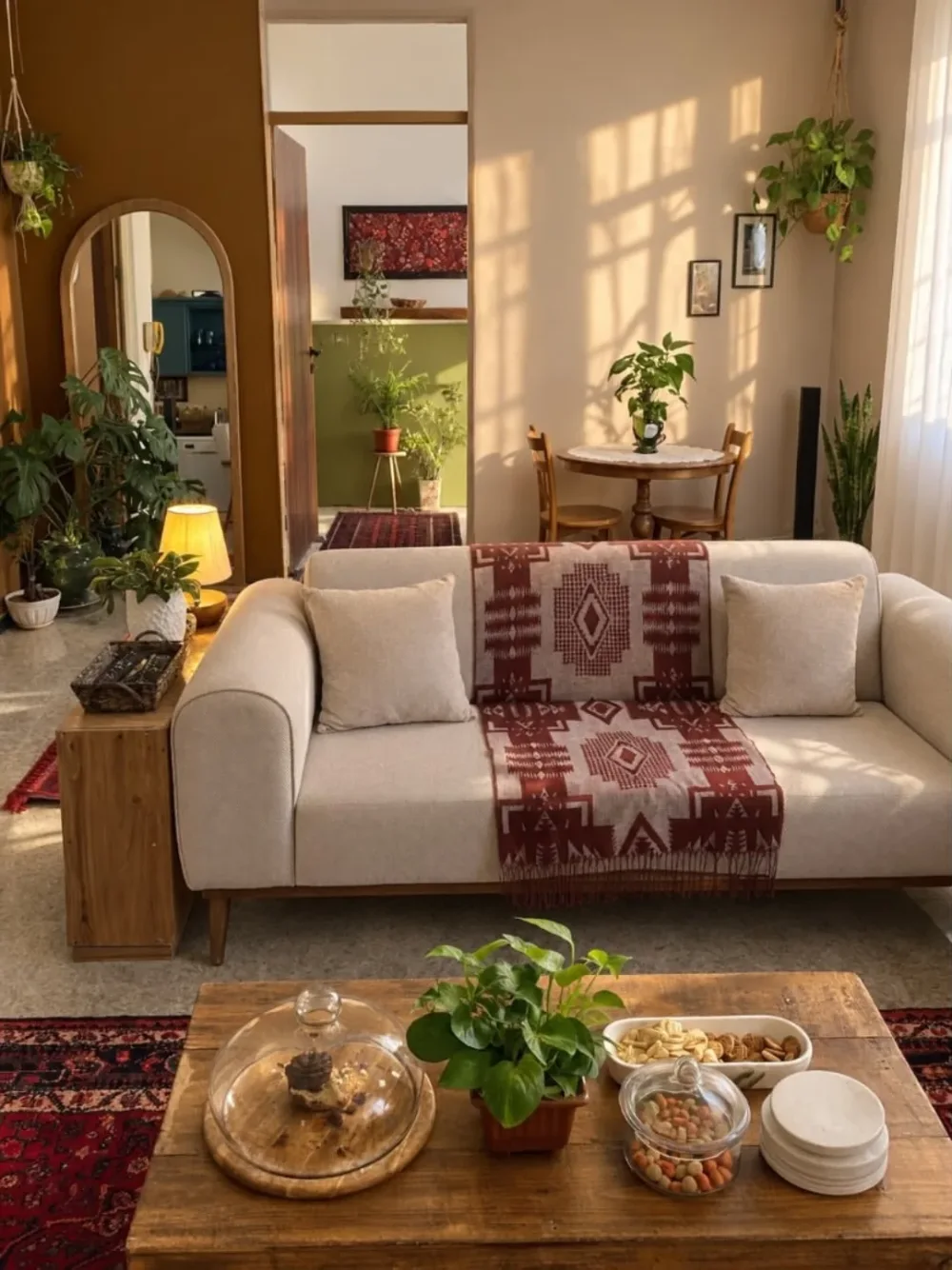 Boho living room with a cream sofa, burgundy patterned throw, vintage red rug, rustic wooden coffee table, and leafy houseplants.