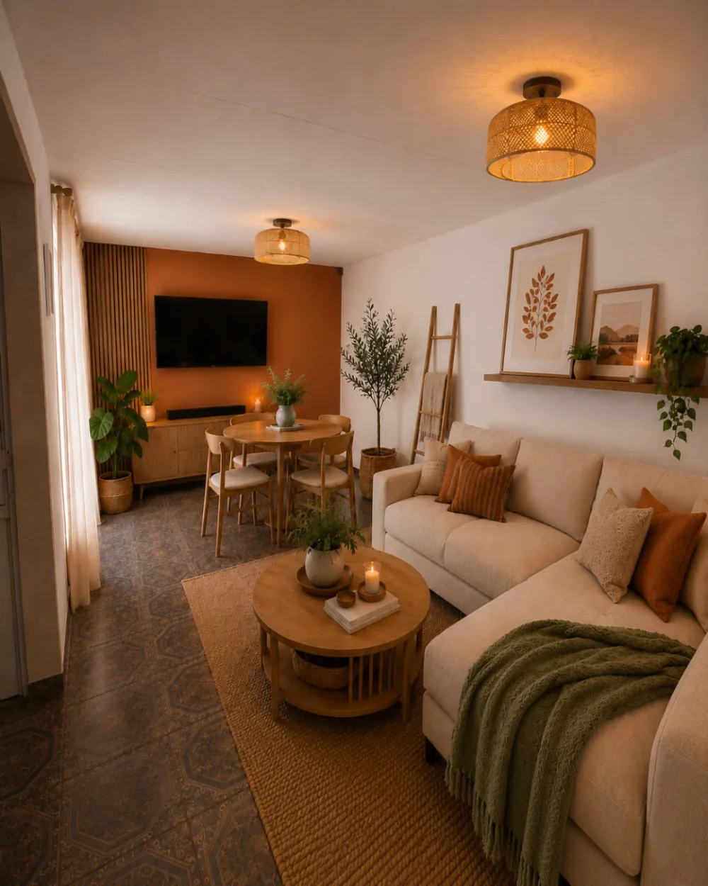 Warm neutral boho living room with a cream sectional, terracotta accent wall, woven jute rug, wooden furniture, and soft rust-colored cushions.